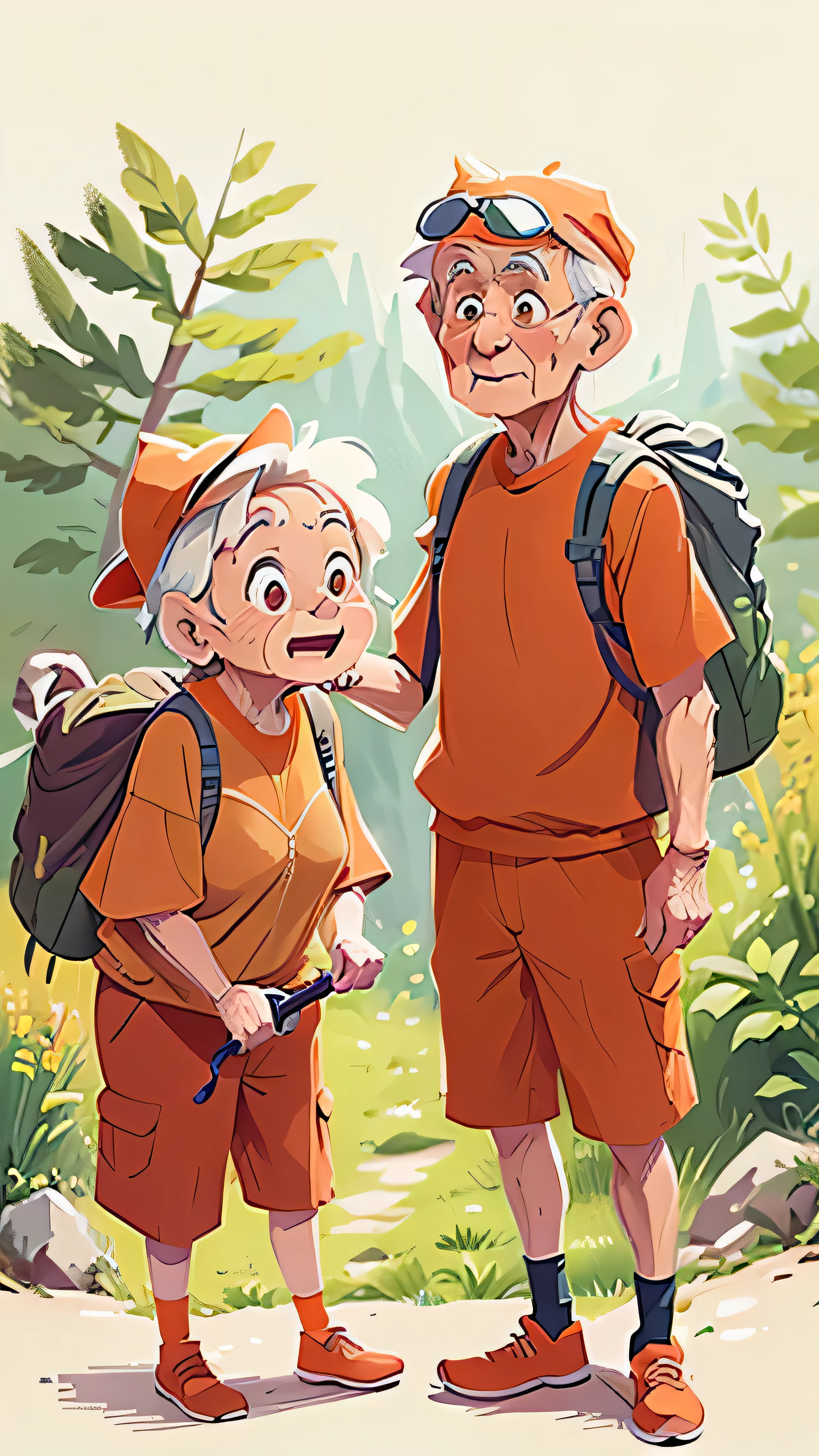 An elderly couple in orange clothes are hiking in a scenic area,in，The elderly person in orange clothes has his back to the screen and his face cannot be seen.， matte illustration, Orange is the most popular color