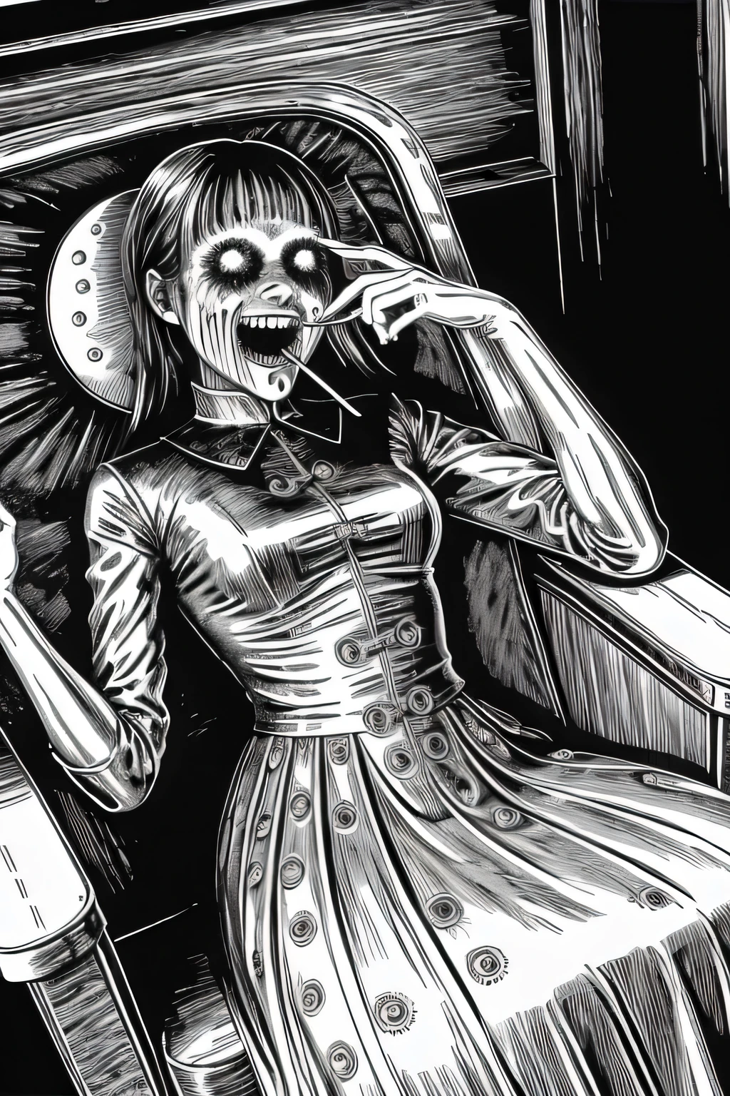 woman, monster, head monster, smile, eating lollipop, sitting in chair, disgusting, creepy, nightmare, disturbing, by junji ito,