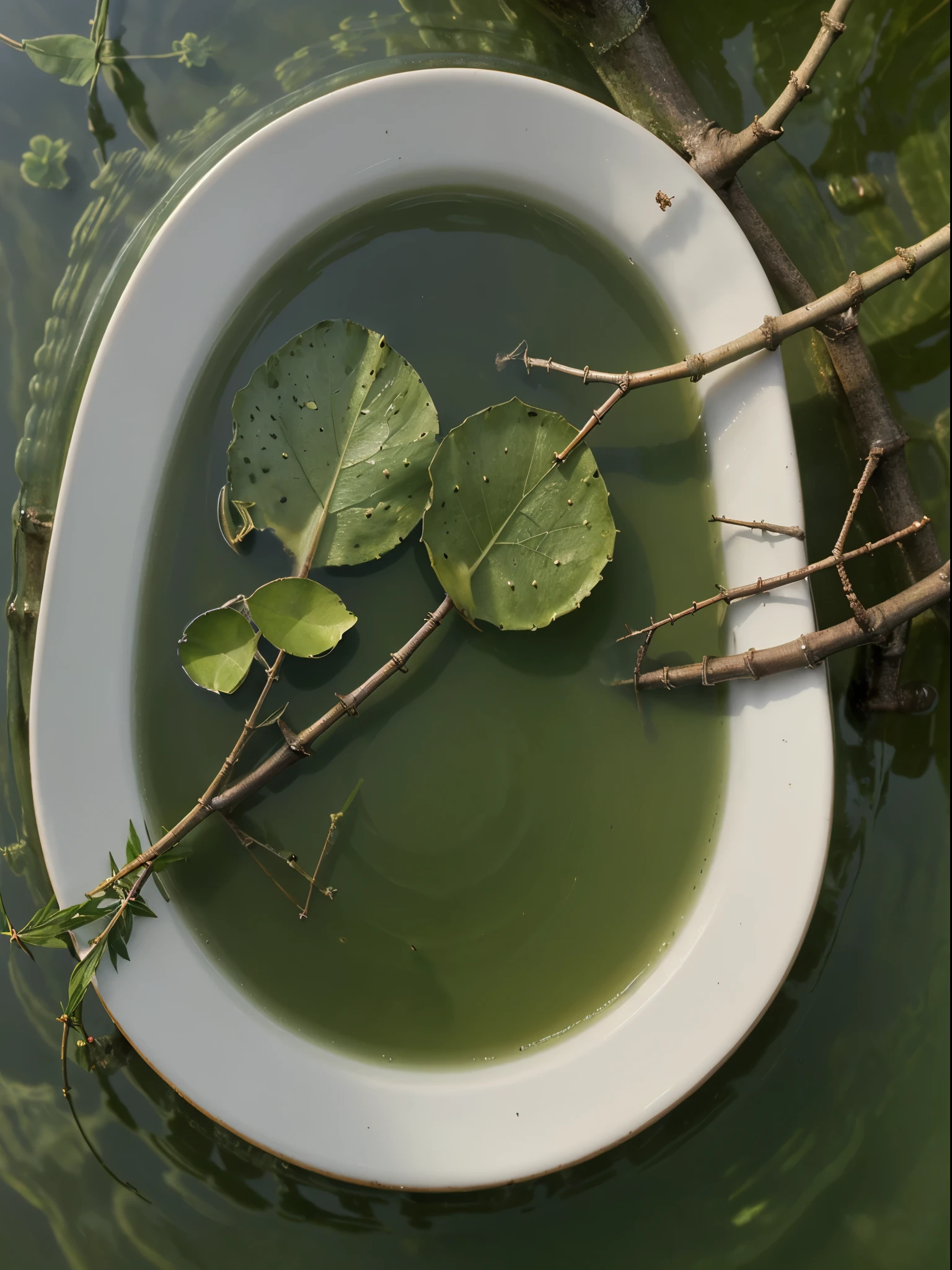 close-up, masterpiece, top-quality, Photorealsitic, A hyper-realistic, (Green tea to steam a teacup), ((Just below the surface of the water, you can see small, thin twigs floating vertically)), on an iron table in a beautiful backyard garden