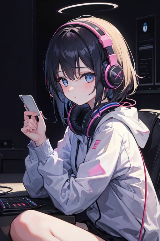 Girl listening to music with headphones in a dark room
