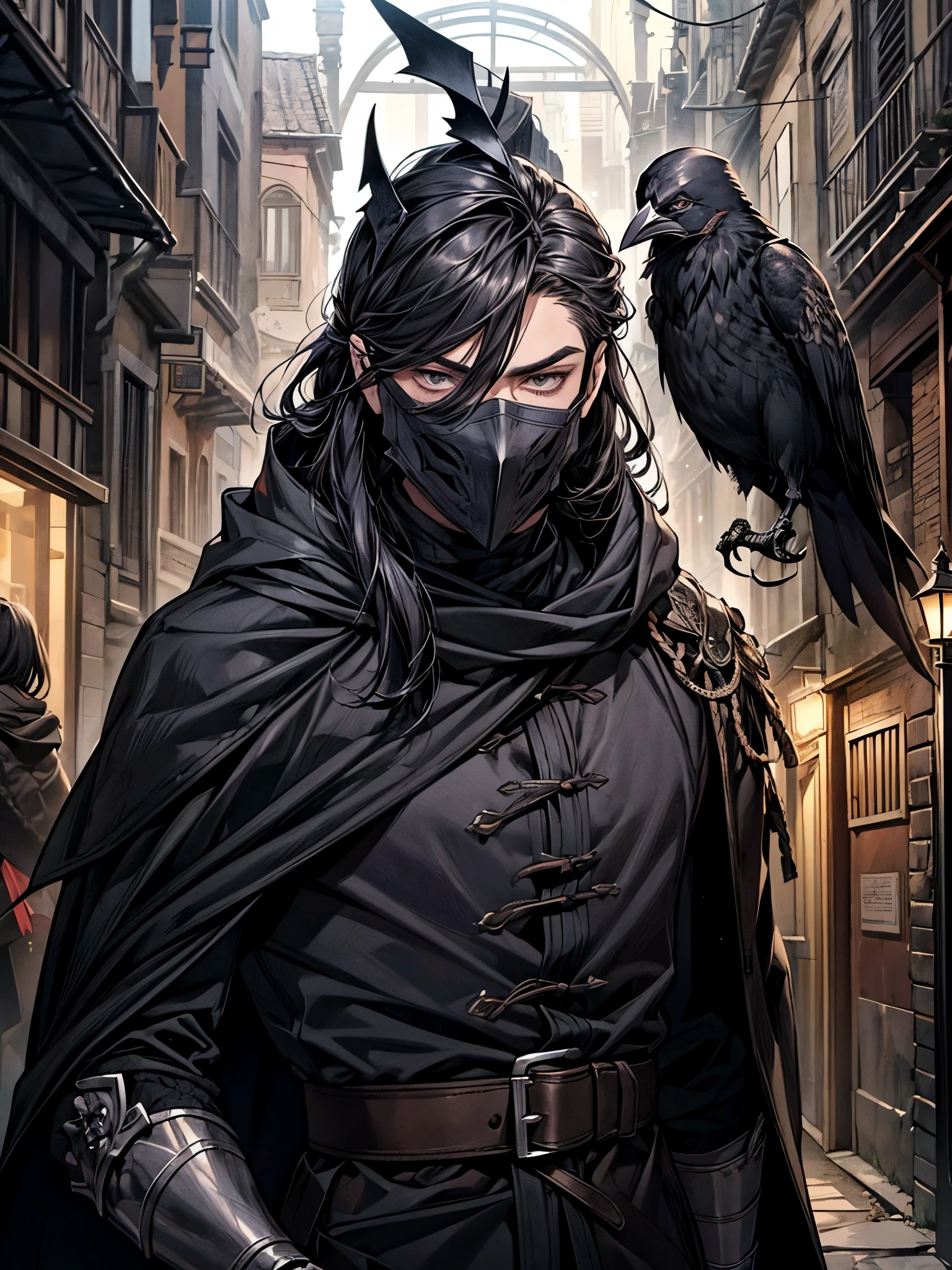 1 homem, (homem, masculino), (porte musculoso), (hipertrofia), (compressed muscles), cabelo preto, (corte de cabelo masculino), manto com capuz, roupas escuras, visual de assassino medieval, ((Plague mask, crow beak mask)), skull mask covering the lower half of the face, (Plano de Fundo: Beco escuro, cidade escura, de noite, darkness)