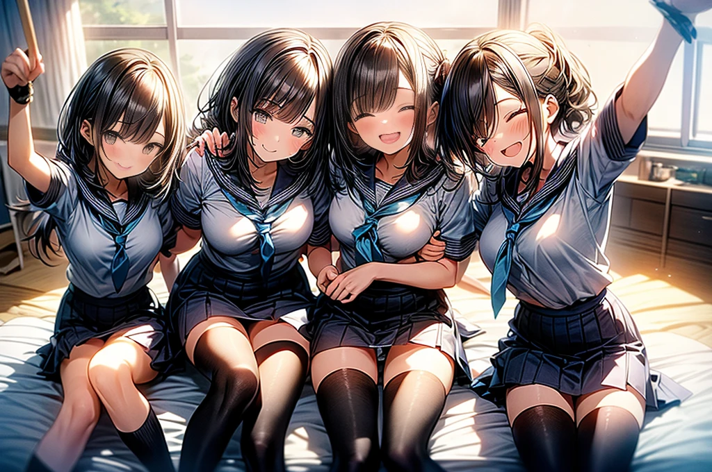 (((masterpiece, Highest quality, High resolution, 超High resolution, Perfect Pixel, Depth of written boundary, 4K, RTTX 10.0, High resolution))), Beautiful Anime Women, Beautiful art style, Anime characters, ((Long Hair, bangs, Dark brown hair, Various hairstyles, Bobcut, Twin tails, ponytail)), ((Beautiful eyelashes)), ((Detailed face, blushする:1.2)), ((Smooth texture, Realistic texture, Anime CG Style)), Perfect body, (Slender body:1.2), Exact finger count、Exact number of legs、(Exact number of arms:1.0, Exact number of hands:1.0), (blush:1), (The four women are standing side by side, lifting their skirts:1.3), (Fashionable white shirt, Sailor collar, Knee-high socks, loafers, Pleated mini skirt:1.3), Realistic, Highest quality, High resolution, 非常にDetailed face, Perfect lighting, Extremely detailed CG, (Perfect hands, Perfect Anatomy), (Embarrassed expression:1.2), (School classroom:1.3), Morning sun-like lighting, whole body, ((Sexy and cute white underwear, Sexy and cute light blue underwear, Sexy and cute pink underwear:1.3), (Stylish shiny satin panties, Side-tie panties, Panties with a plain center and lace decoration on the sides:1.3), (Thin panties with ribbon:1.3)), Low front angle、(Beautiful and thin thighs:1.3), (Beautiful large breasts)