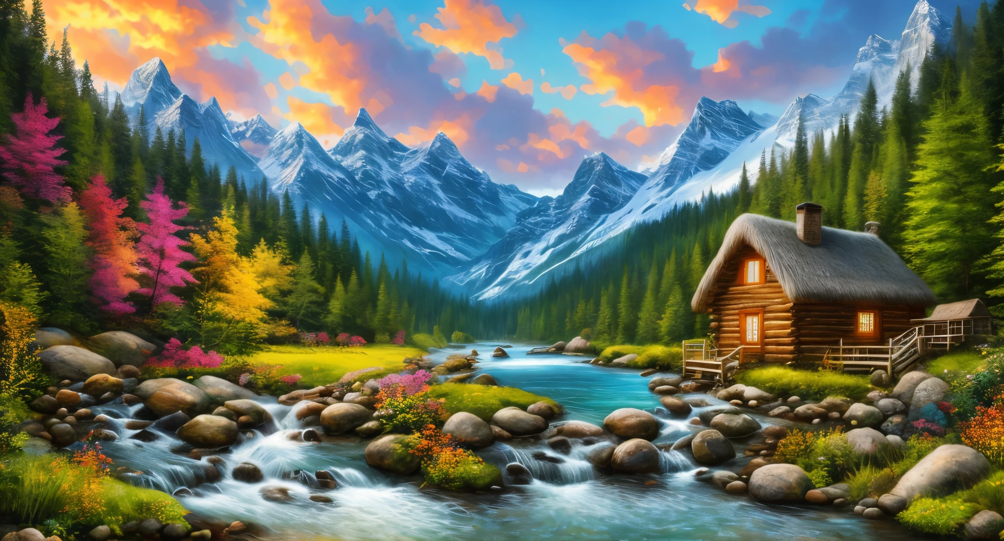 painting of a cabin in a mountain valley with a stream running through it, beautiful art uhd 4 k, background artwork, detailed painting 4 k, 8k high quality detailed art, 4k highly detailed digital art, scenery art detailed, 4 k hd wallpaper illustration, landscape wallpaper, amazing wallpaper, dream scenery art, scenery wallpaper, 4 k hd wallpaper very detailed