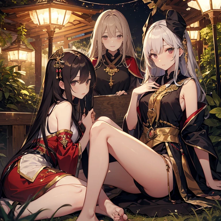 A group of priestess, (in forest), various hair styles, harem, wearing ceremonial clothes, night, details face, beautiful legs, sleeveless, seducing,