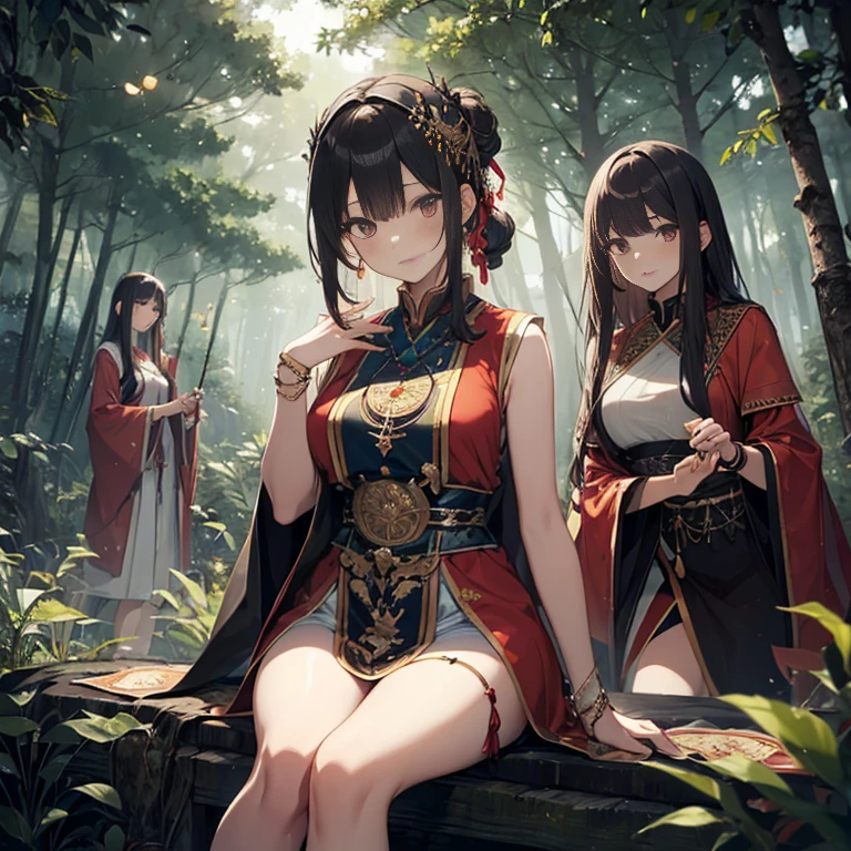 A group of priestess, (in forest), various hair styles, harem, wearing ceremonial clothes, night, details face, beautiful legs, sleeveless, seducing,