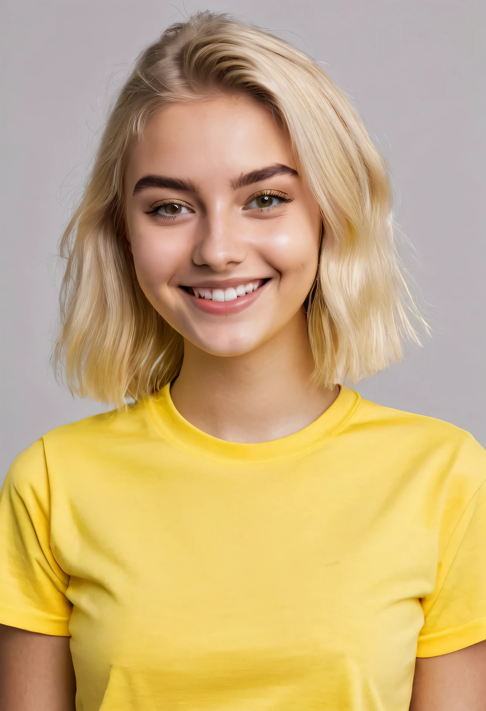 A girl of 18 year-old, blonde, perky, wearing a yellow T-shirt with no inscriptions, looking directly at the camera, smiling