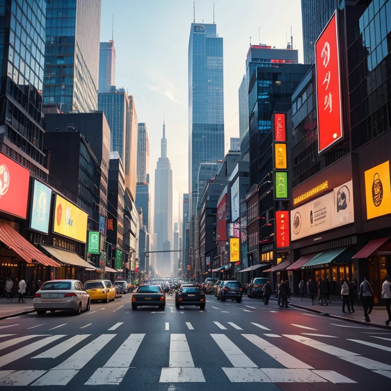 A bustling city street corner with pedestrians crossing the road, cars driving by, and tall buildings towering above. The scene captures the energy and movement of urban life, with details like street signs, traffic lights, and storefronts adding realism