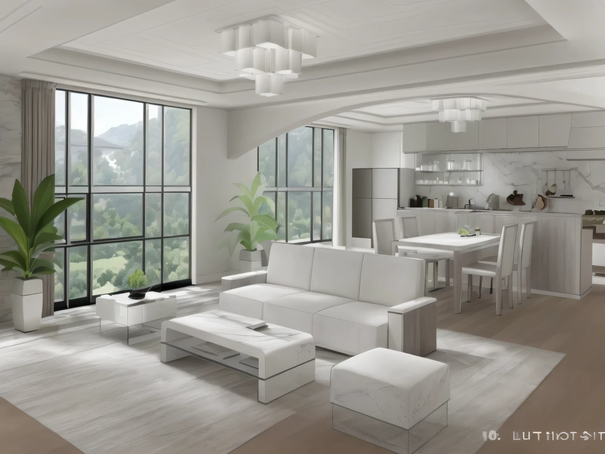 ((best quality, 8K, chef-d&#39;artwork :1.3)), Modern style living room design, luxurious interior space, full furniture, plaster ceiling, shiny stone floor, combining the use of wood and marble in the interior, 8K, neutral colors: white, gray, light brown; Sofa furniture is made of leather, tea table is made of glass, uses decorative details such as pictures, mainly uses natural light sources, main materials: wood, stone