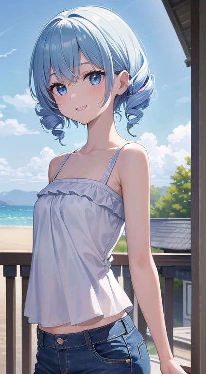 最high quality,very detailed,high quality,Extremely detailed,masterpiece,Super fine,ultra high resolution,超high quality,super delicate face,super realistic,(1 person:1.2)、woman、、light blue hair color、(Cute sky blue eyes)、(short:1.3)、flat chest 、 body shape、(twin drill hair:1.2)、(smile:1.2)、Shoulder-baring tops、jeans