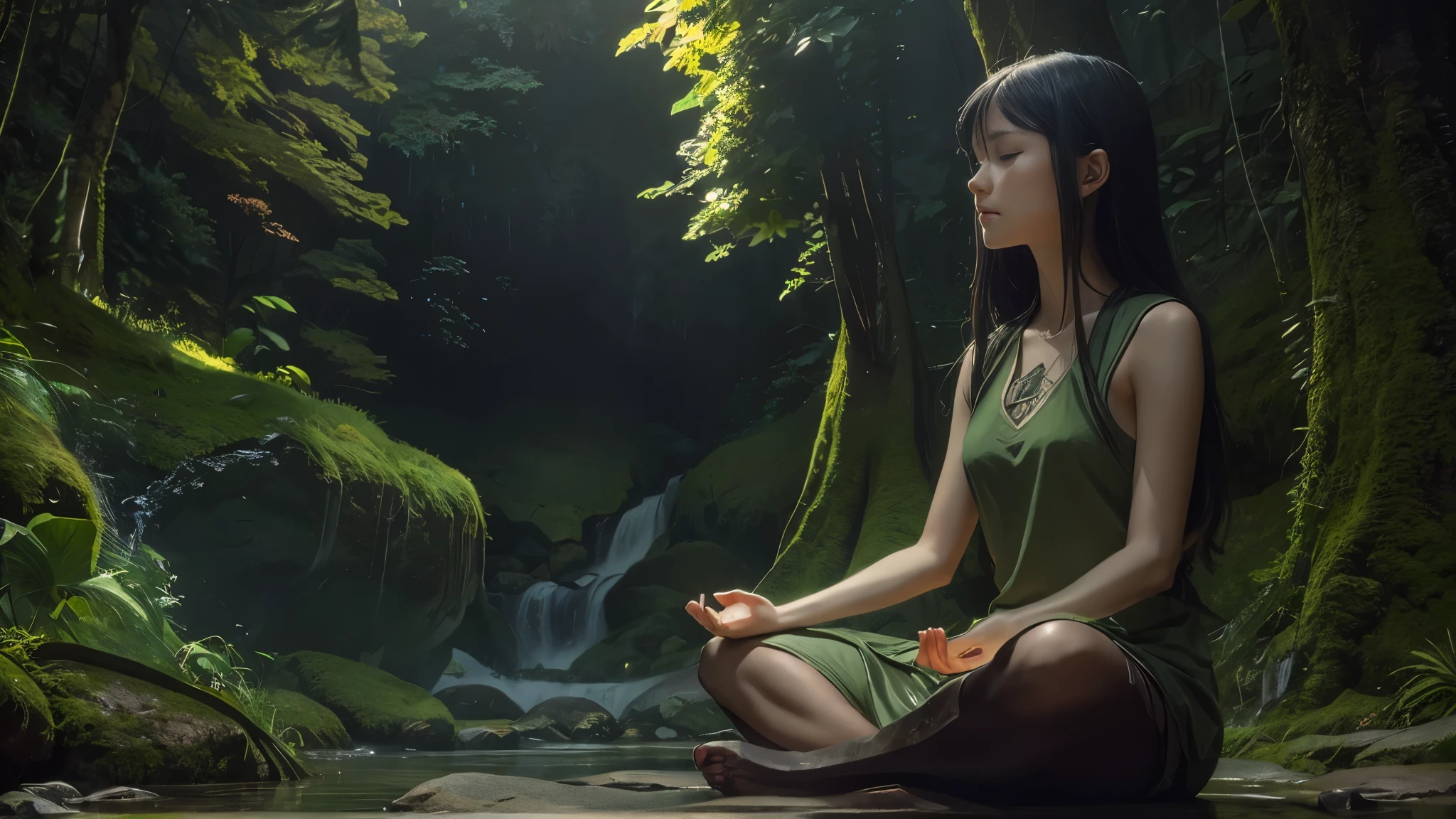 Namaste. Person meditating. Loose Clothes. Beautiful landscape of an enchanting valley. dream world. Symbols of nature. Feeling of Fullness. details Intricate. cinematic lighting