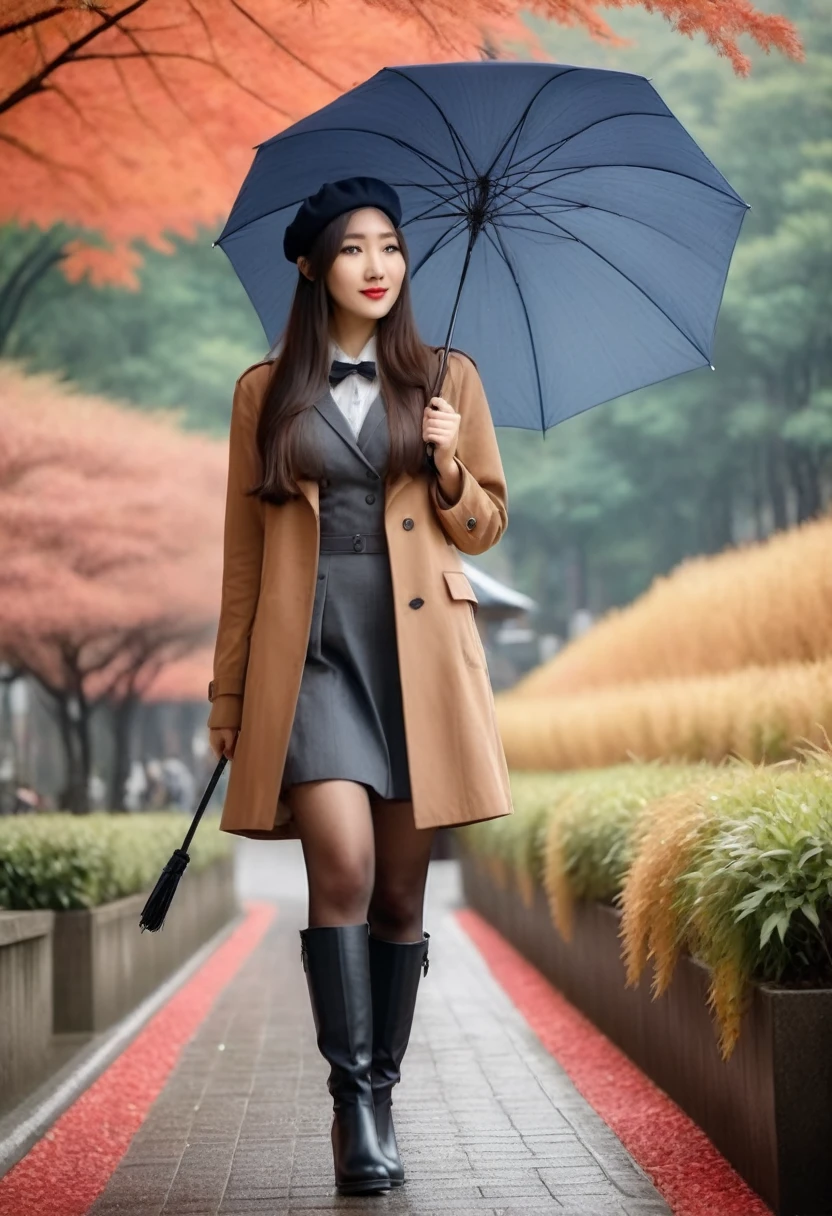 “Asian woman, neatly detailed long hair, beret hat, carrying an umbrella ☂️ wearing shoes 👢 boots, looking full body, full body, medium breasts, exploring Japan during the enchanting autumn season." Best quality photos, HD, cinematic