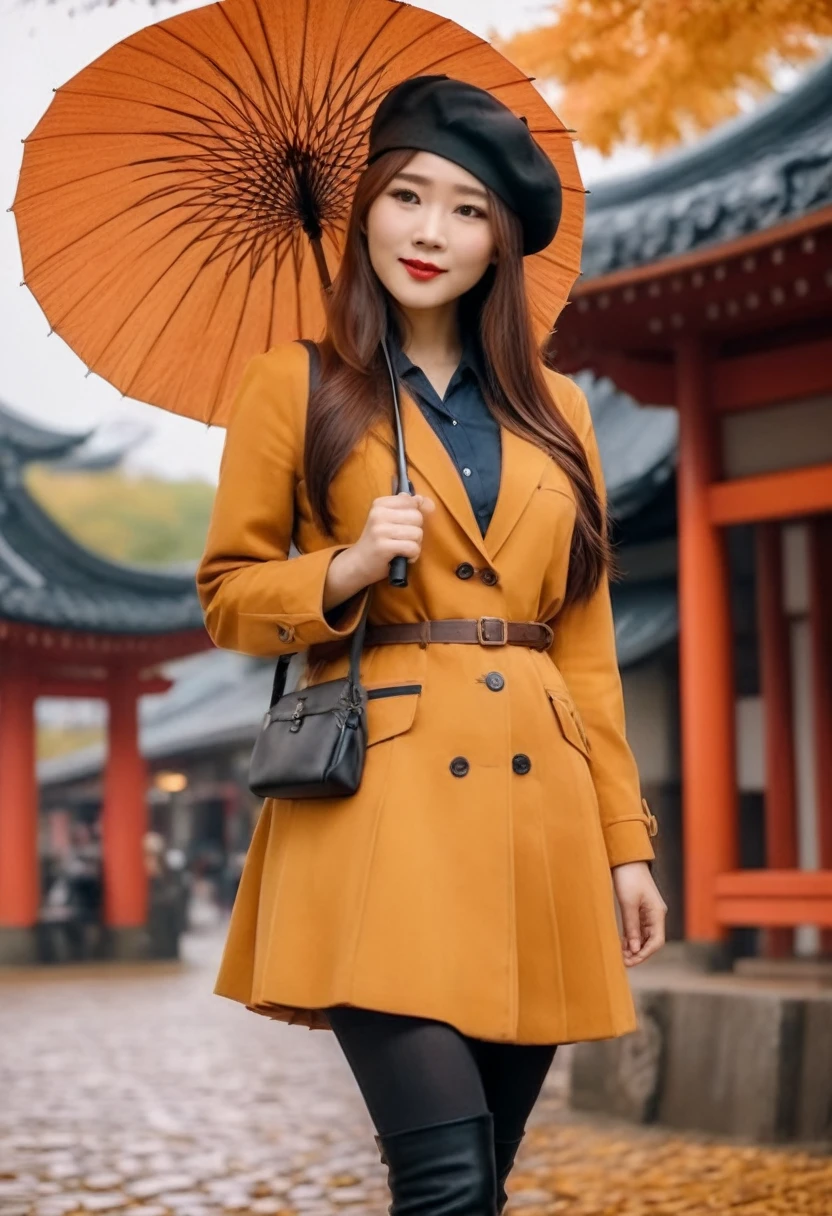 “Asian woman, neatly detailed long hair, beret hat, carrying an umbrella ☂️ wearing shoes 👢 boots, looking full body, full body, medium breasts, exploring Japan during the enchanting autumn season." Best quality photos, HD, cinematic