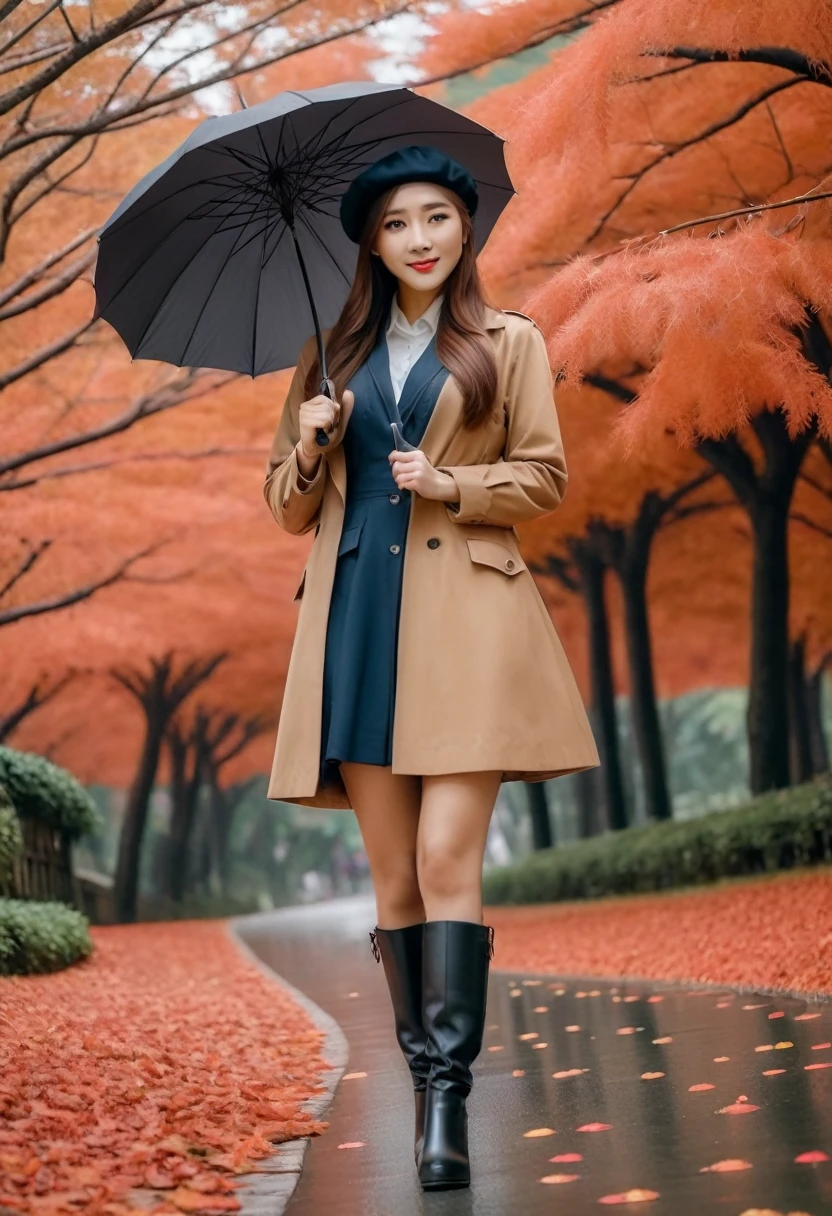 “Asian woman, neatly detailed long hair, beret hat, carrying an umbrella ☂️ wearing shoes 👢 boots, looking full body, full body, medium breasts, exploring Japan during the enchanting autumn season." Best quality photos, HD, cinematic