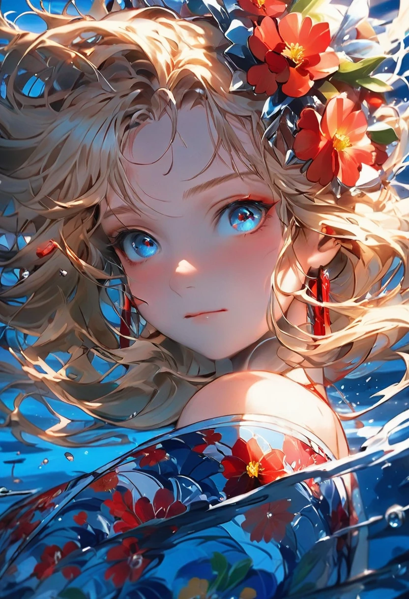 ((masterpiece))、((highest quality)、(Super detailed)、8K、Delicate depictions captured in anime style。
(night)、(very long hair、Blond hair and bright blue eyes、）(Forehead out:1.2)、Her blue eyes are highlighted。
The overall tone has become brighter、she is smiling。exterior々光あふれるnight pool, summer, Bikini with red floral pattern,frills、 right in front of、 wicked smile, leaning forward, (spray sheet:1.1), Floating water droplets, 
(((night pool))、((wonderful.))