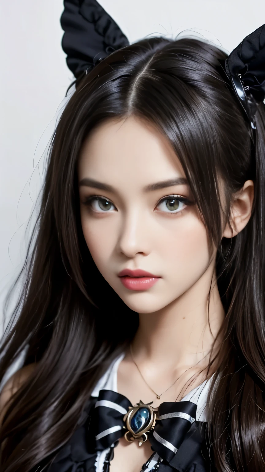 (((masterpiece, highest quality, Super detailed))), (((1 Infinite Magical Girl))), , (((highly detailed face))), Small, thin nose, thin mouth with small lips, (((Very sharp focused eyes))), Precise pale gray eyes with very large slits, shine like a jewel. very long eyelashes, long black hair with black vertical curls,, with fringes, ((Steampunk fashion, gothic lolita fashion))