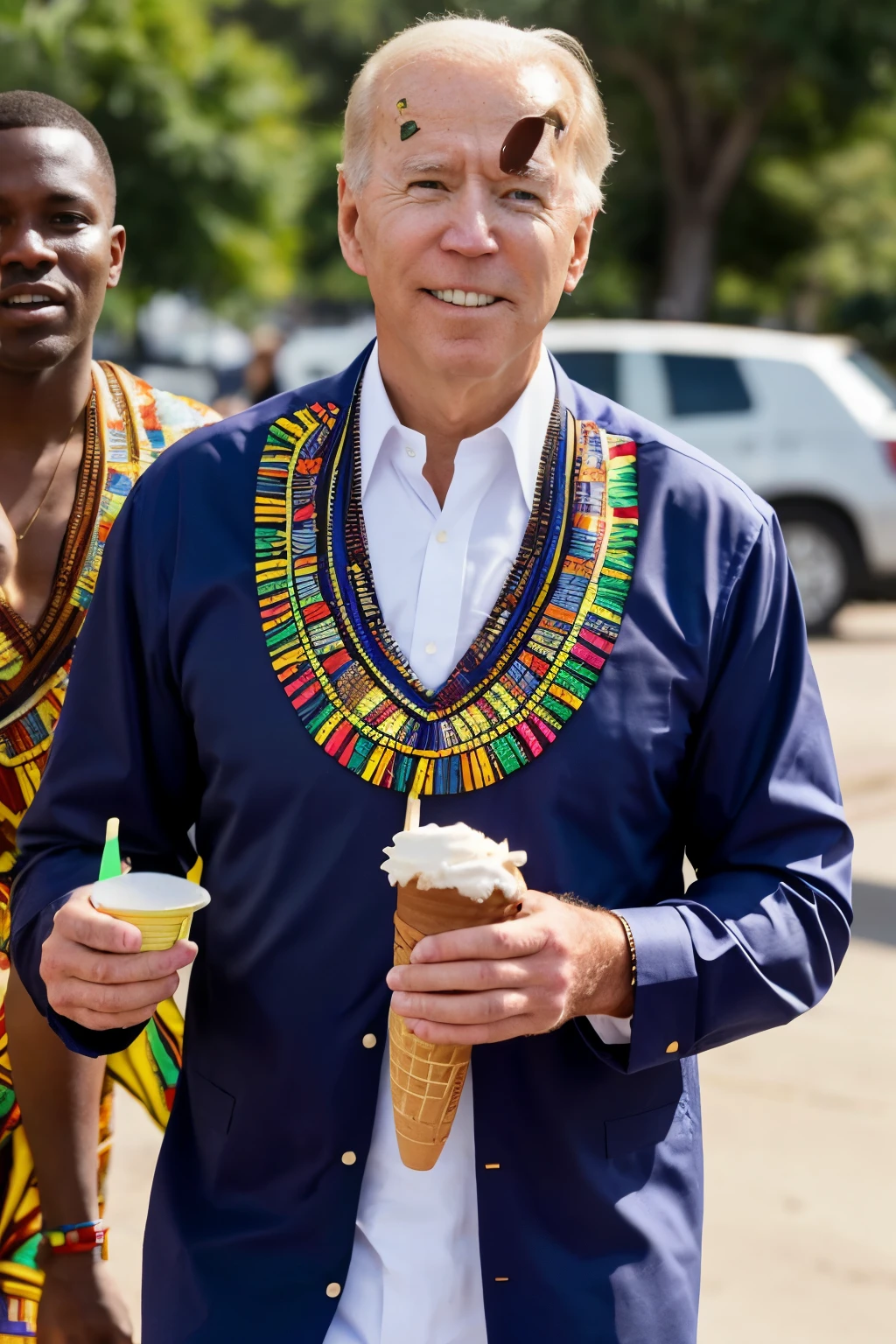 Joe Biden dressed in traditional African clothing dashiki and holding a vanilla ice cream cone.