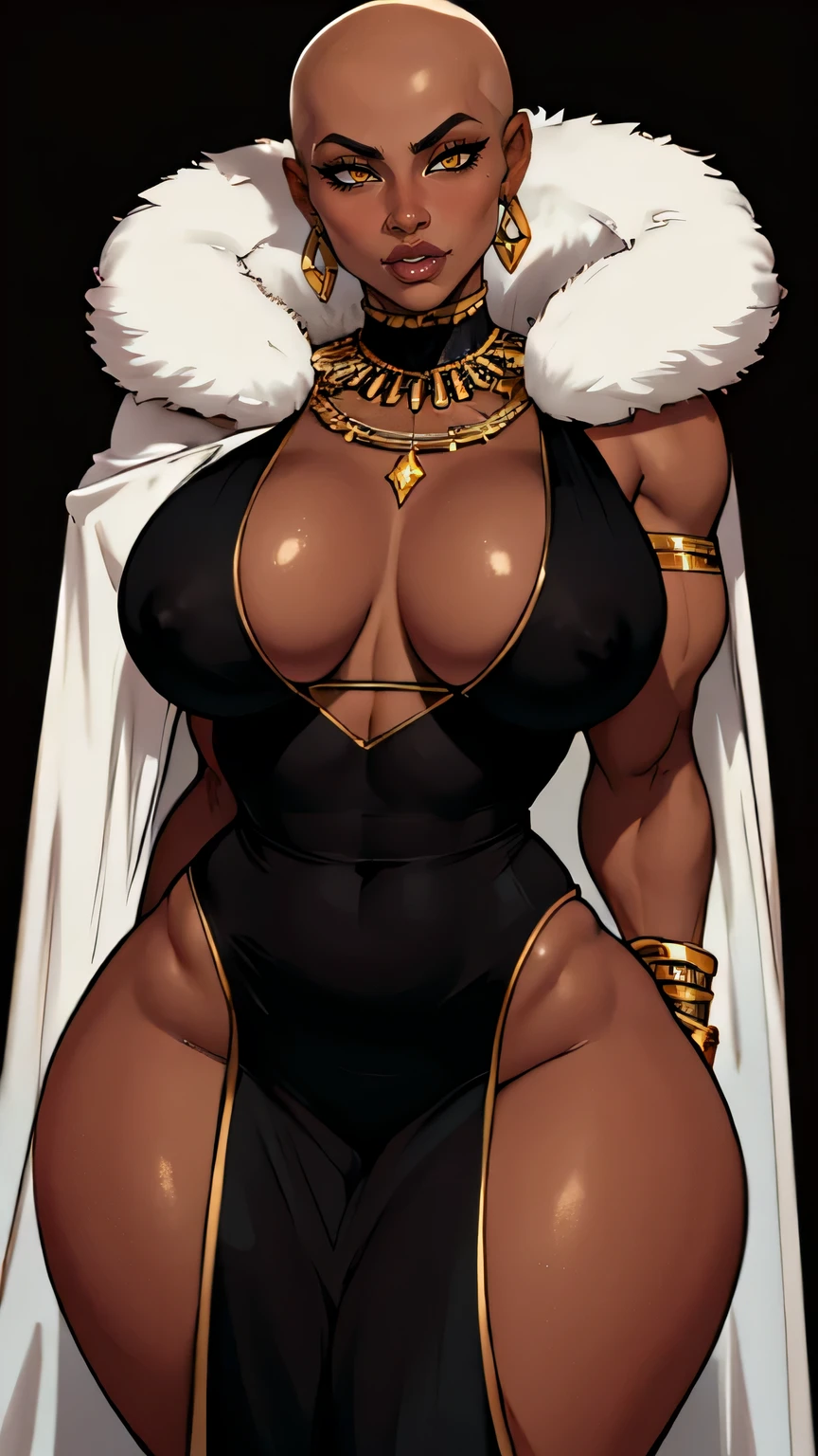 nicki minaj, jewelry, thick thighs, wide hips, glossy lips, bald bald bald, small breast, milf, yellow eyes, white blank background, mature, mother, dutchess, ebony dark skin, luxury, voluptuous, thick, buxom, mother, Full lips, Seductive, Mature, muscular strong, abs, black empress dress, gold design, fur, fancy barbarian. muscular thighstrong biceps