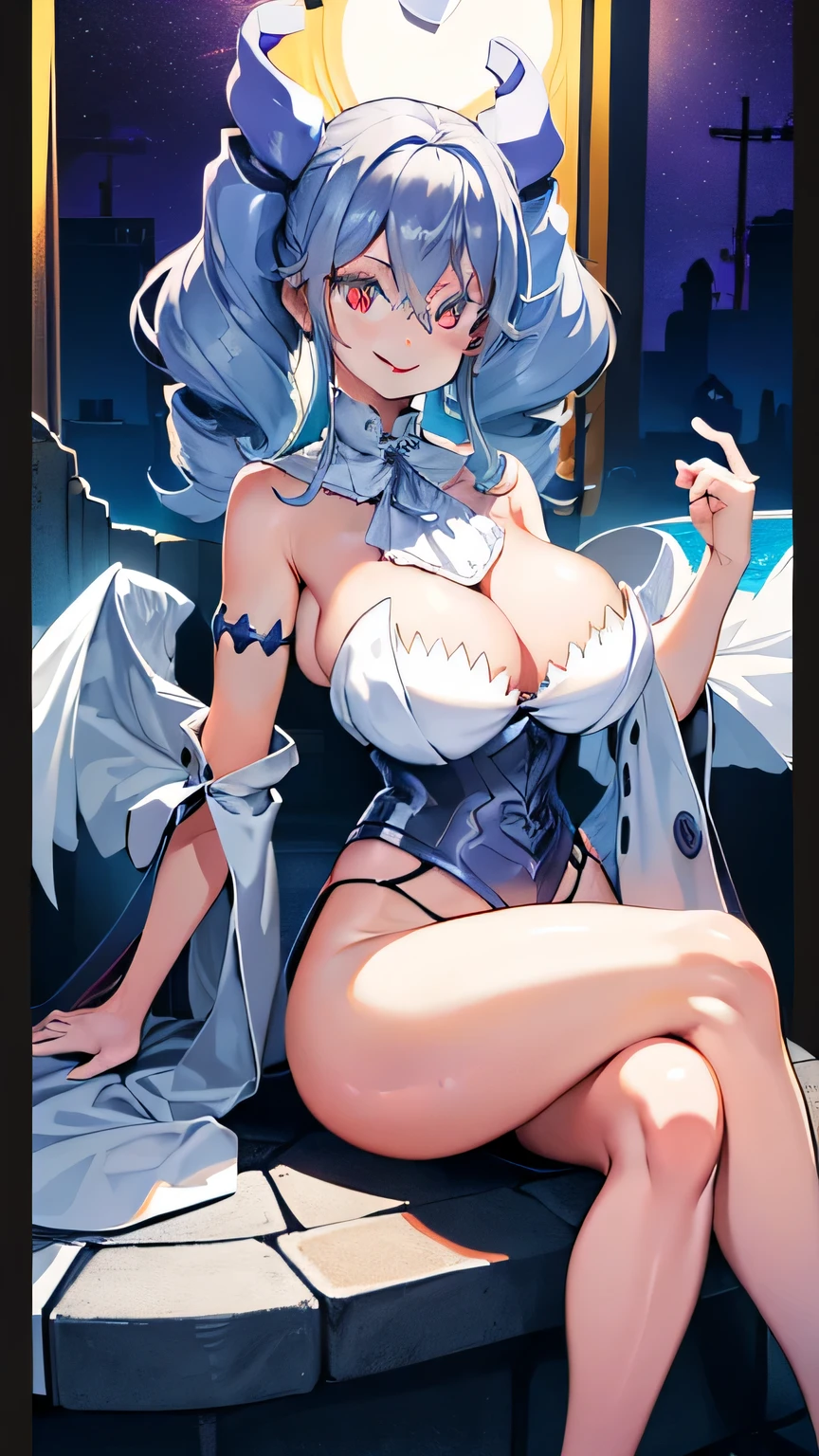 (1girl, glowing, large breasts, glowing eyes, happy) (digital) (crossed legs style in detailed hallway) , best quality, masterpiece, looking at viewer, smile, shenhedef, shenhernd, full body, cleavage