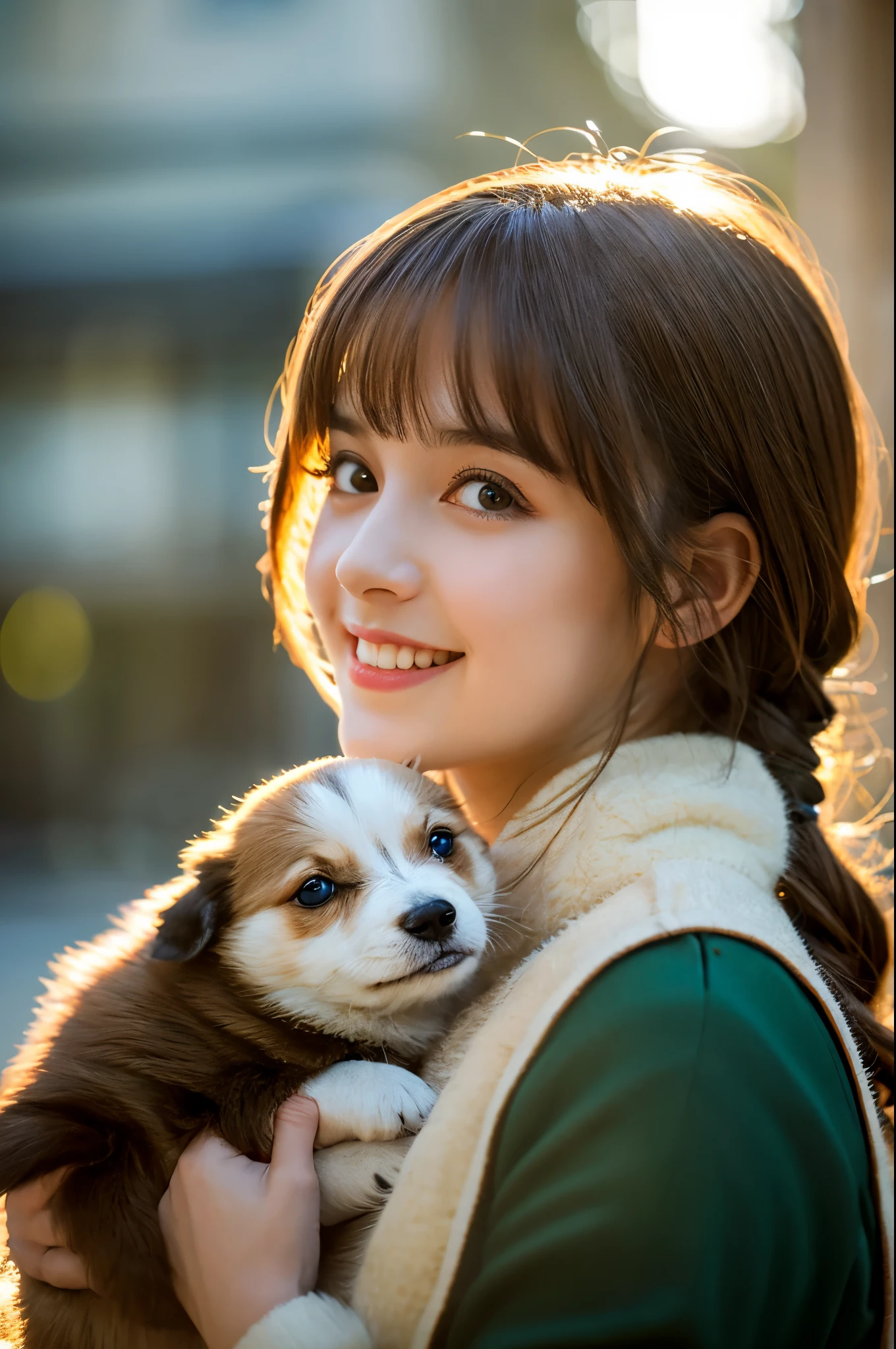 18 year old woman holding a puppy, Upper body、Half Background、light brown hair, hair over shoulder, floating hair, hair flaps, aqua eyes, pupils sparkling, smile, shy, embarrassed, parted lips, naughty face, naughty, Art Deco, Romanticism, Gothic art, Art Nouveau, depth of field, cinematic lighting, god rays, ray tracing, reflection light, backlighting, first-person view, from below, lens flare, f/1.8, 85mm, Sony FE GM, Nikon, UHD, retina, masterpiece, curate, anatomically correct, textured skin, super detail, high details, high quality, award winning, best quality, 8k, 16k