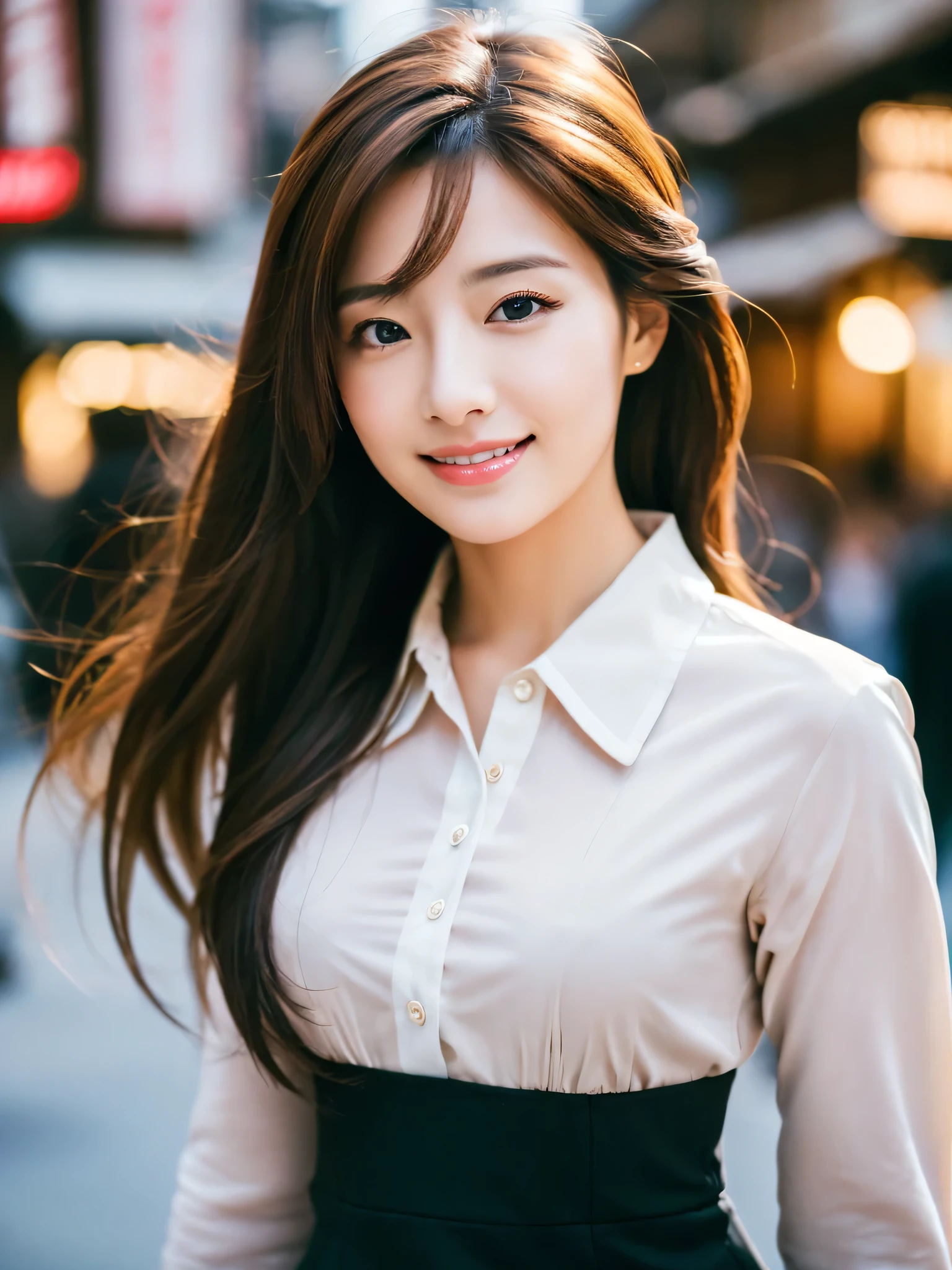 table top、highest quality、genuine、Super detailed、finely、High resolution、8k wallpaper、one beautiful woman、、、light brown disheveled hair、wearing a business suit、sharp focus、perfect dynamic composition、beautiful and detailed eyes、thin hair、Detailed genuine skin texture、smile、close-up portrait、model body shape、In Kyoto at night