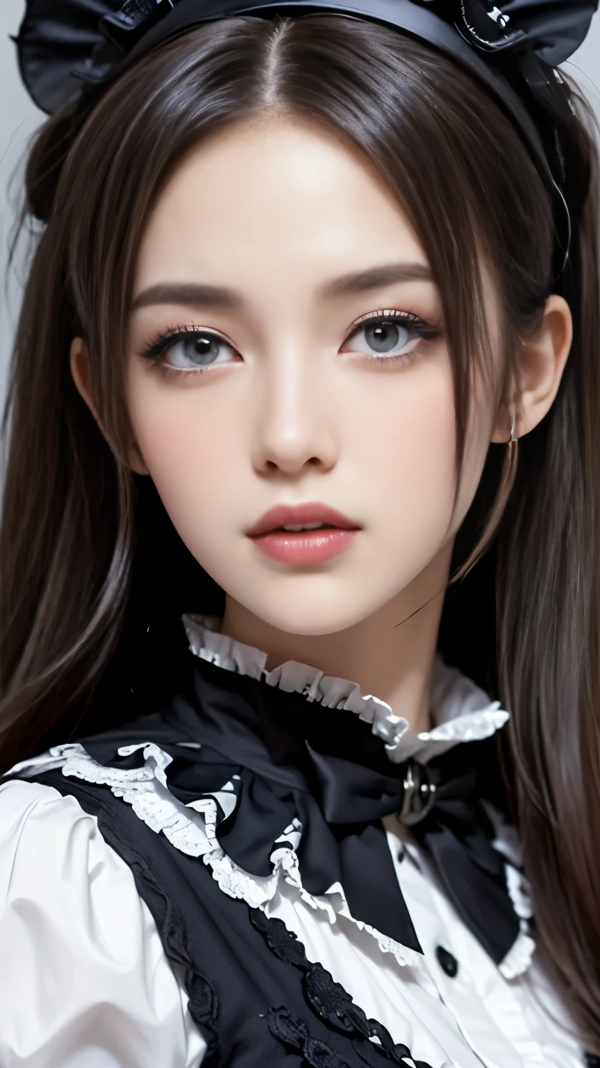 (((masterpiece, highest quality, Super detailed))), (((1 Infinite Magical Girl))), , (((highly detailed face))), Small, thin nose, thin mouth with small lips, (((Very sharp focused eyes))), Precise pale gray eyes with very large slits, shine like a jewel. very long eyelashes, long black hair with black vertical curls,, with fringes, ((Steampunk fashion, gothic lolita fashion))