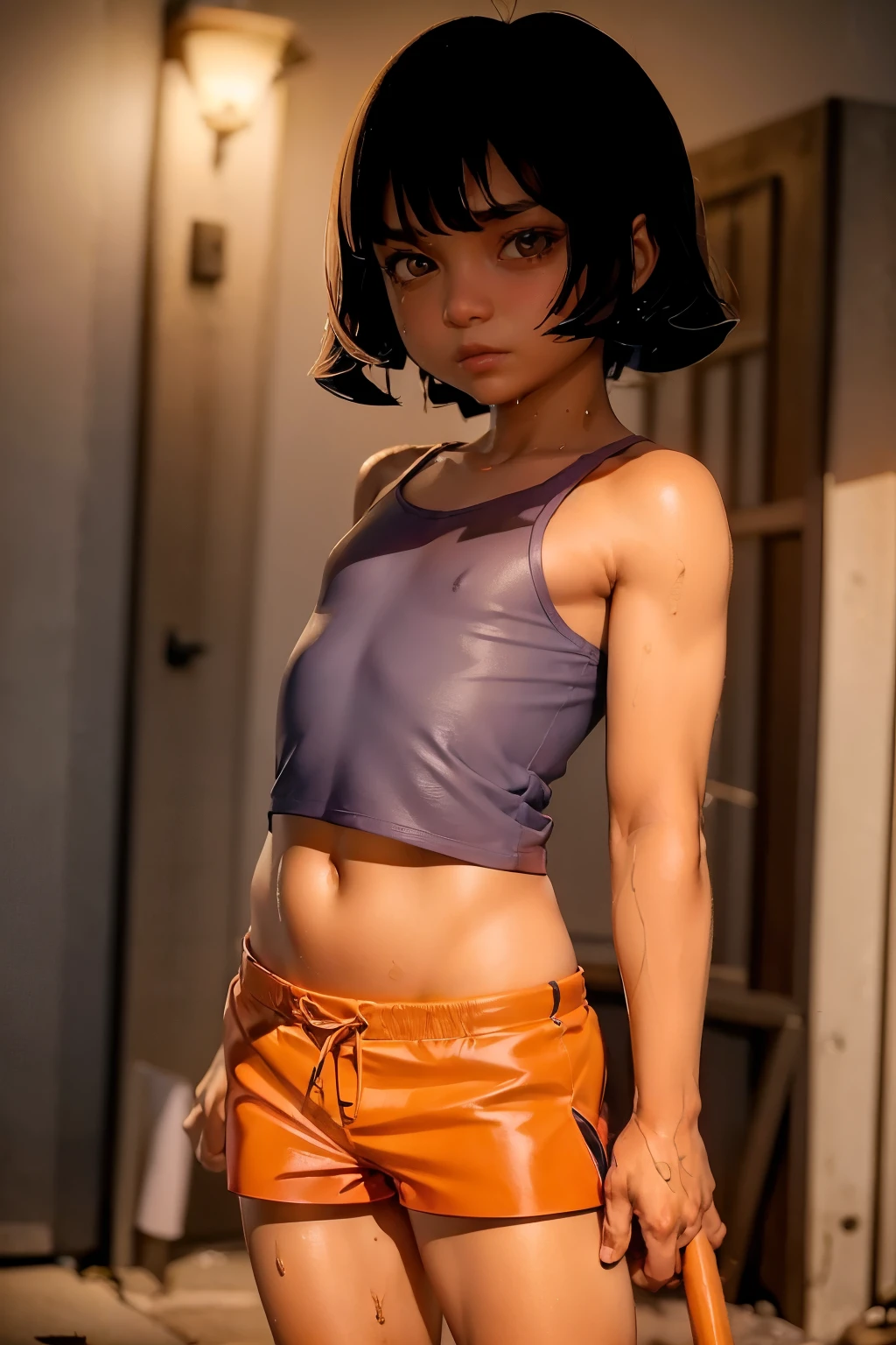 ((Flat chest, tomboy girls, 13 year old, small head)), nighttime, moonlight, (chiseled abs : 1.1), (perfect body : 1.1), (short wavy hair : 1.2) , black hair, collar, full body shot, crowded street, wearing short thin pink tanktop, ((orange tight athletic short shorts)), (extremely detailed CG 8k wallpaper), (an extremely delicate and beautiful), (masterpiece), (best quality:1.0), (ultra highres:1.0),  beautiful lighting ,perfect lightning, realistic shadows, [highres], detailed skin, ultra-detailed, wet skin, wet clothes,  wet hair, nude