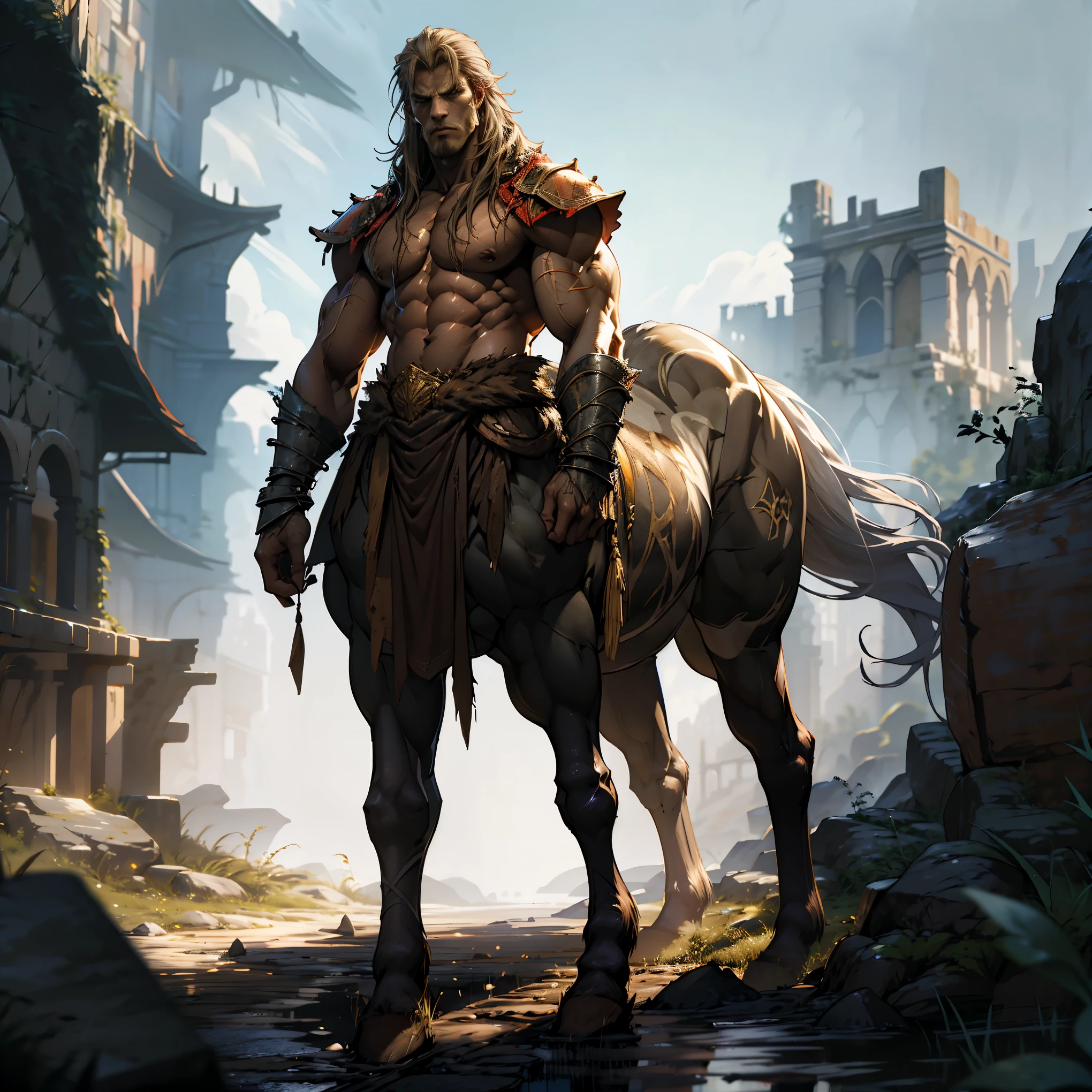 Mighty gladiator, chest uncovered, lower body revealed from thighs to feet, detailed muscular physique, lifelike depiction, 4K resolution. Background: Colosseum during a spectacular sunset,32k uhd, best quality, masterpiece, super detail, high details, highly detailed full body full color photo of a centaur:1.2, 1boy, standing, tall, green short hair, hooves, 4 legs, breastplate, gauntlets, realistic, depth of field, photorealistic,