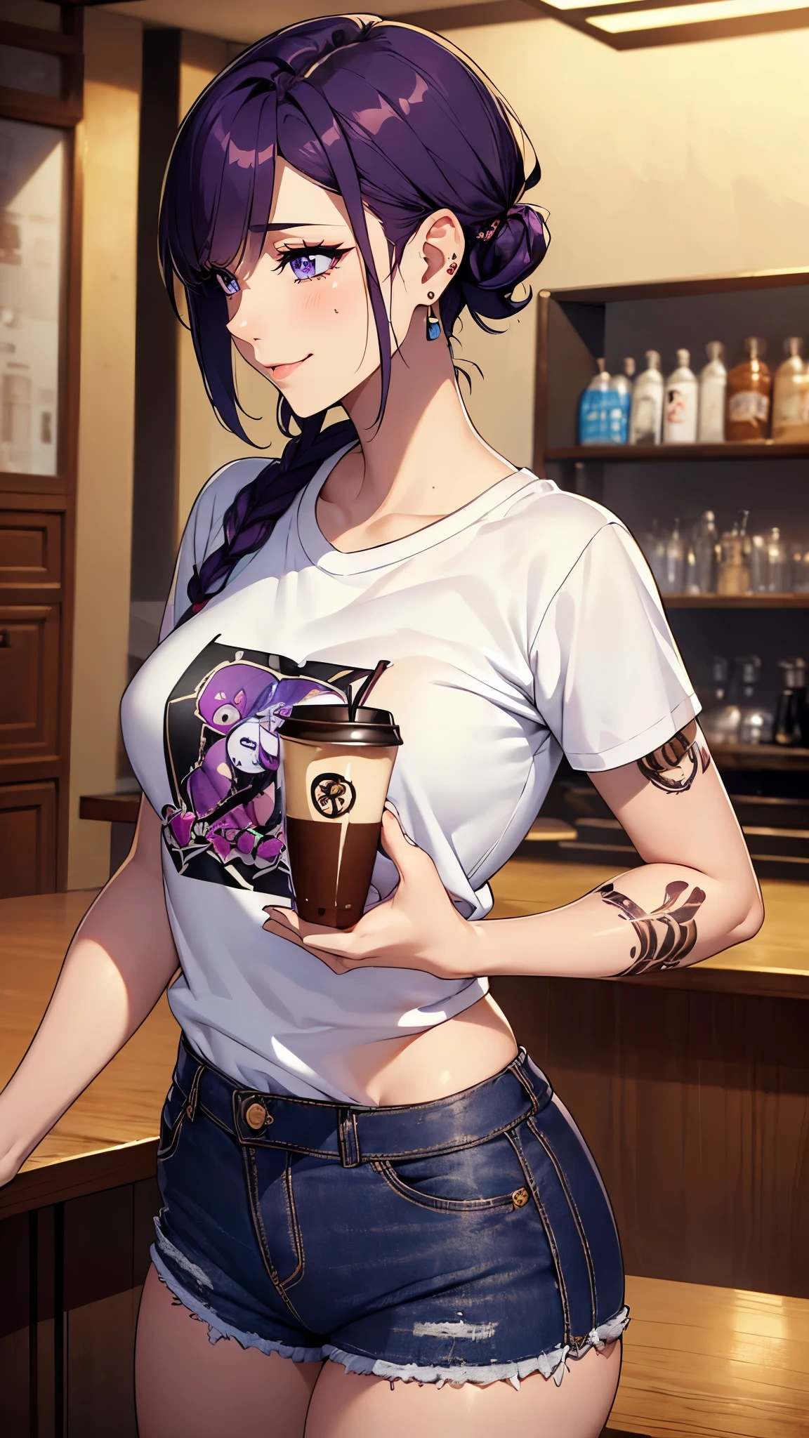 ((8K resolution))、((highest quality))、((masterpiece))、((Super detailed))((((dramatic))), (anatomically correct)、Depth of object being written、look at the camera、one person、one personのJK、smile、Laughter、Cover your mouth with your hands、close one eye、shed tears、front、Narrow frame, elegant posture, thin fingers, Willow-like limbs, Great presence,(undercut hairstyle)、gold earrings、purple eyes、tattoo、(T-shirt、shorts)、(theme、whole body:1.1), ネオンpunkスタイル、punk、alley、(Cafe、drink coffee)