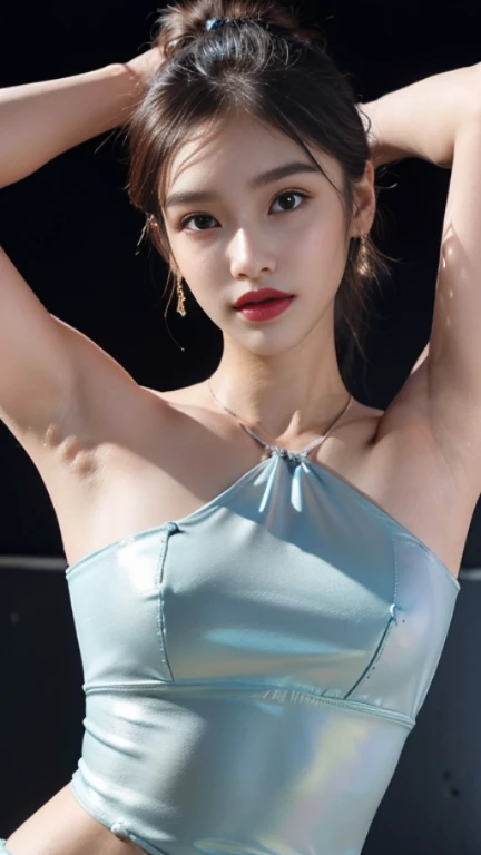 (best quality:1.2), masterpiece, Realistic, Ultra-high resolution, ((a beautiful Japanese idol 12 years old woman:1.2)), (Gaunt:1.3), (((Very flat chest:1.4))), ((Baby Face)), (show me your armpit:1.2), (sweaty armpit:1.3), ((Armpits are wet and shiny with sweat)), She has skin that sweats easily Soaking wet, Sweaty, I can see my pores, (wearing samba costumes:1.2), (dancing parade:1.3), (energetic music:1.2), (confetti-filled streets, lively atmosphere:1.2), (decorative floats:1.1), (bustling market stalls:1.2), (delicious street food:1.1)