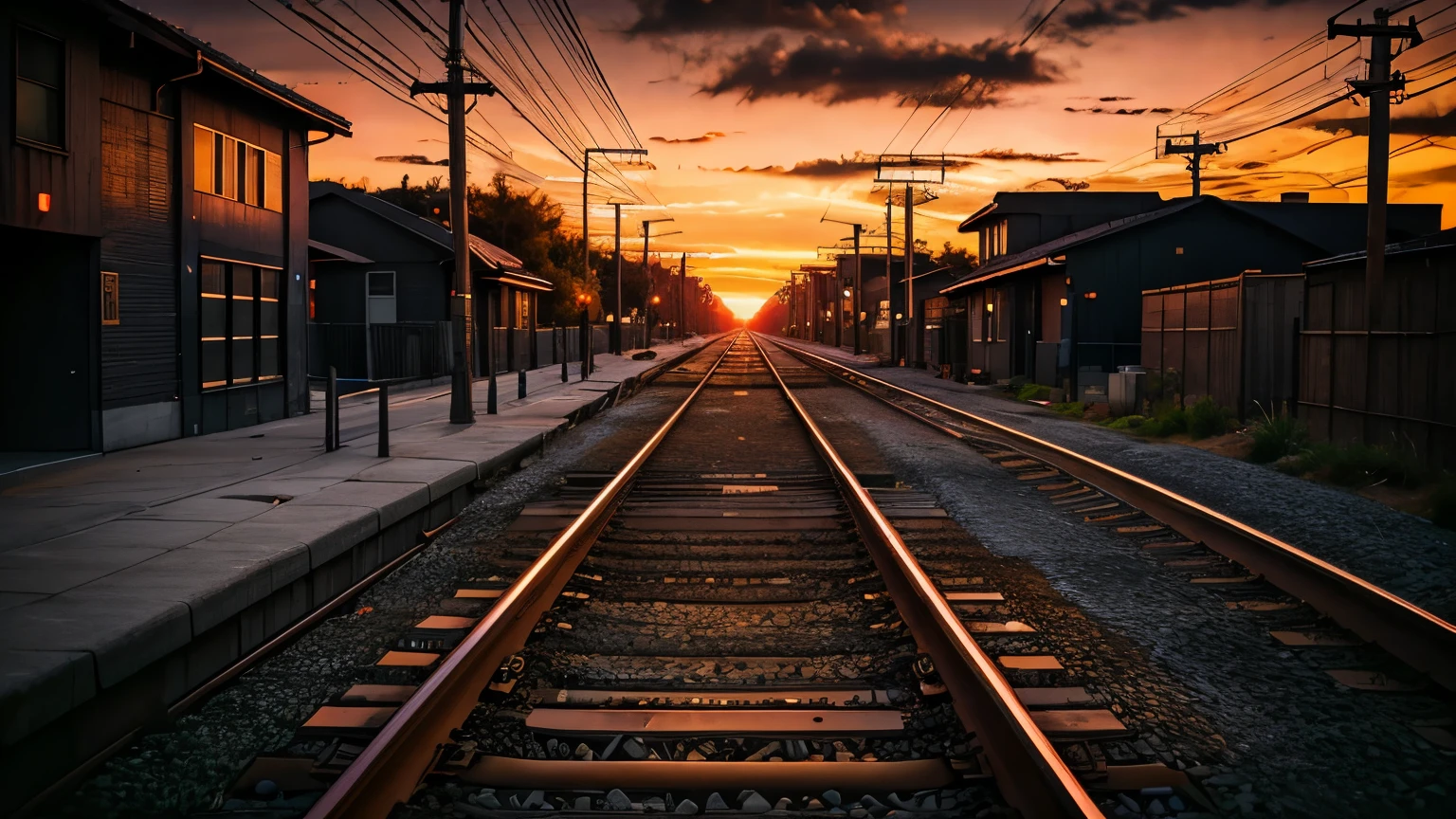 tech noir, masterpiece, best quality, 8k wallpaper, super detailed, low saturated colors, Simple and neat design, Dark and moody atmosphere, subtle accent light, background only, Railroad tracks dyed in the sunset, Surrounding area, breathtakingly beautiful