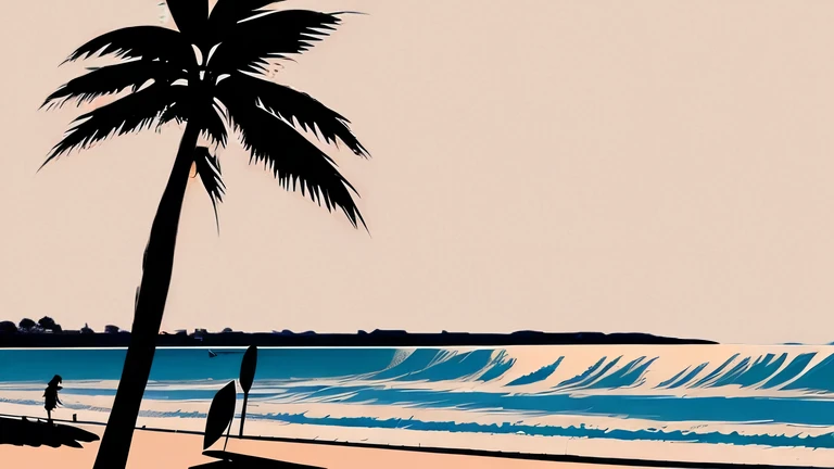 A simple illustration by Hiroshi Nagai　California summer sky and beach　Tranquil scenery　calm sea　rustic illustration　Smart palm tree　surfboard