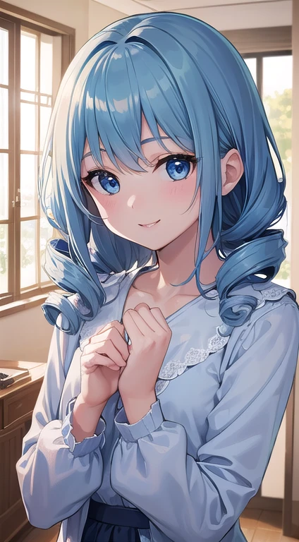 最high quality,very detailed,high quality,Extremely detailed,masterpiece,Super fine,ultra high resolution,超high quality,super delicate face,super realistic,(1 person:1.2)、woman、、light blue hair color、(Cute sky blue eyes)、(short:1.3)、flat chest 、 body shape、(twin drill hair:1.2)、(smile:1.2)、cardigan、indoor
