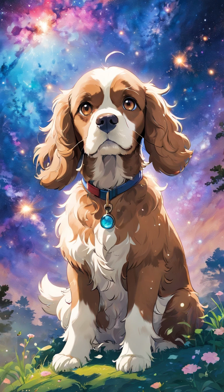 splash art, Brown-White American Cocker Spaniel , Milky Way，Double exposure, The head is in the lower middle left corner of the screen，sharp eyes, art station, Color paint splatter style, contour, Super detailed complex detailed , unreal engine, fantastic, intricate details, splash screen, complementary colors, fantasy concept art, 8K resolution, A masterpiece by Deviant, painting, Blow, paint drops, splash ink painting