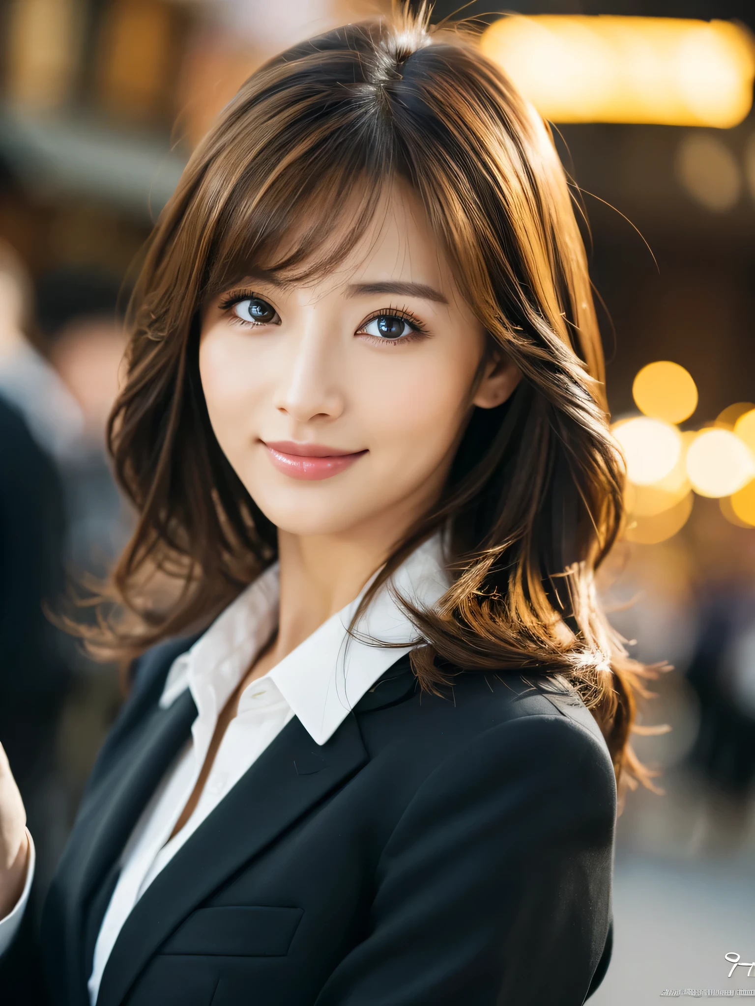 table top、highest quality、genuine、Super detailed、finely、High resolution、8k wallpaper、one beautiful woman、、、light brown disheveled hair、wearing a business suit、sharp focus、perfect dynamic composition、beautiful and detailed eyes、thin hair、Detailed genuine skin texture、smile、close-up portrait、model body shape、In Kyoto at night
