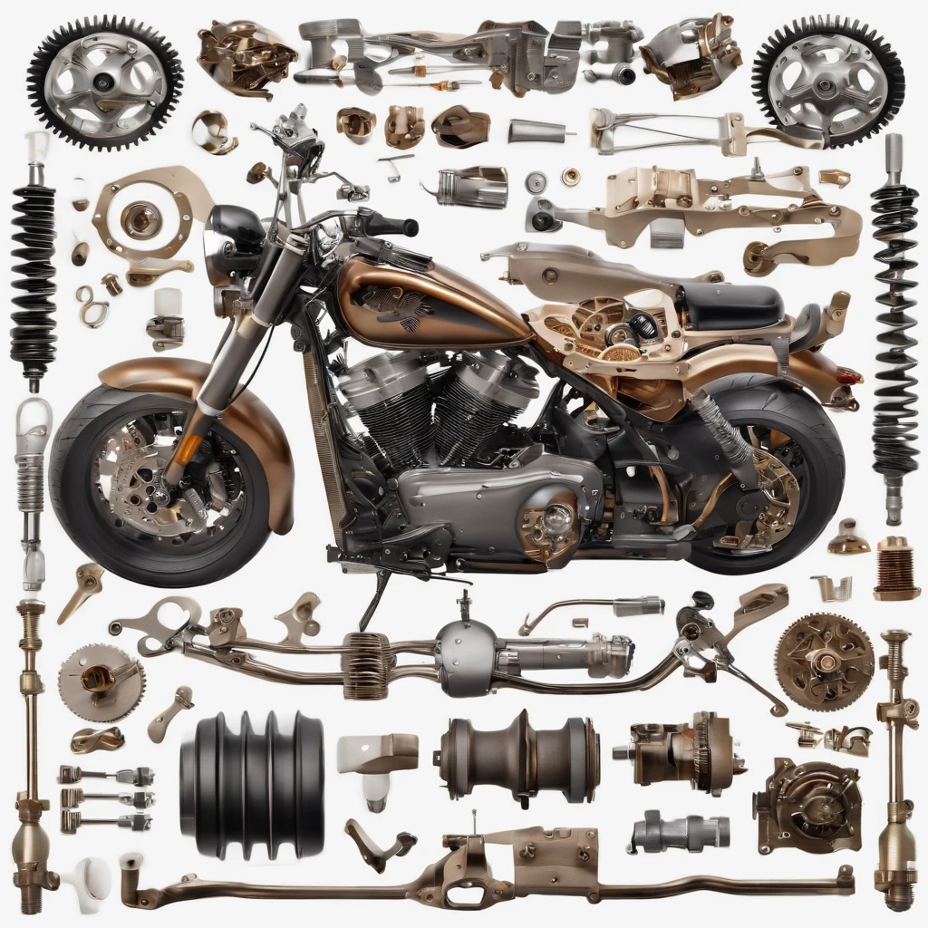 creates an image of a completely disassembled motorcycle with all the parts together on a white background