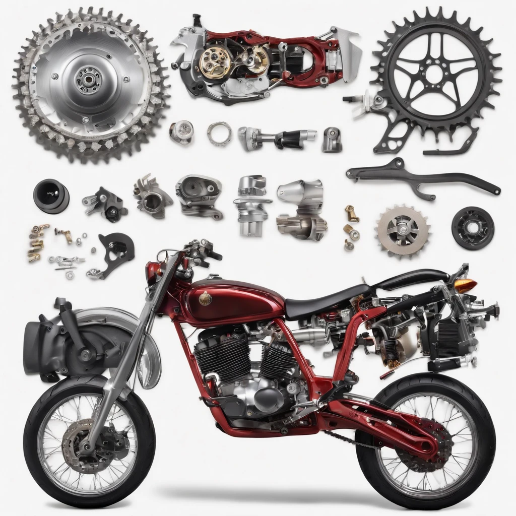 creates an image of a completely disassembled motorcycle with all the parts together on a white background