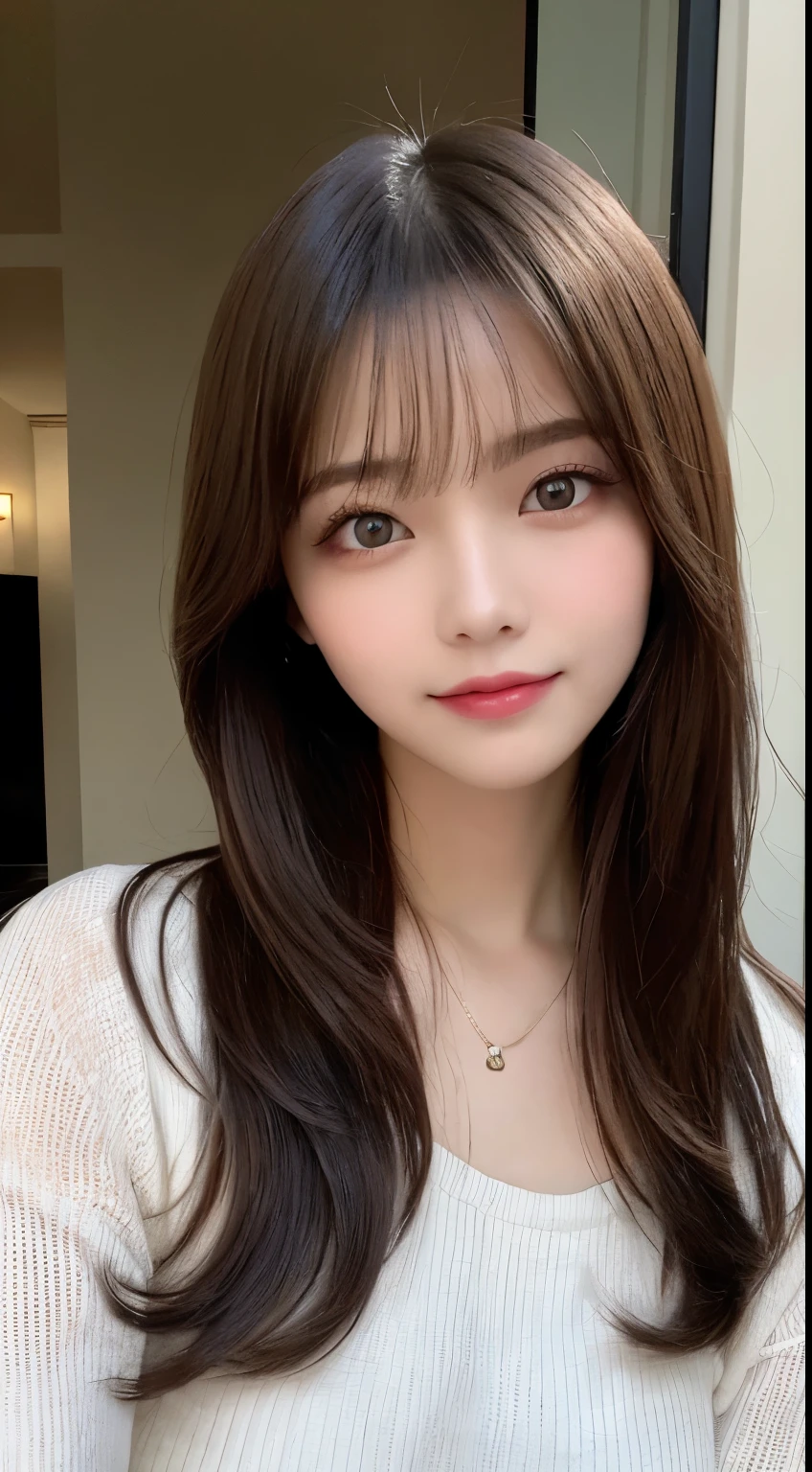 table top, highest quality, shape, Super detailed, finely, High resolution, 8k wallpaper, 完璧なダイナミックな構shape, beautiful and detailed eyes, Nice spring clothes,beautiful straight hair,small breasts,natural color lip, 20 year old girl、cute、sexy shot looking at camera,Always blur the background,perfect and beautiful face,Beautiful and dense face、slim face and style,Big eyes、Do gal makeup,real photos（best image quality）、sexy face、Fashion magazine model pose、Photograph only the face、Spring 2024 fashion trends（long sleeve）、You are a top fashion model。Please show me your best smile