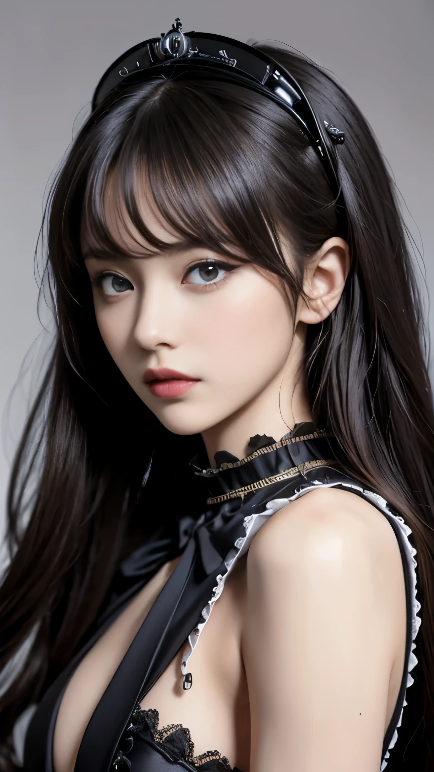 (((masterpiece, highest quality, Super detailed))), (((1 Infinite Magical Girl))), , (((highly detailed face))), Small, thin nose, thin mouth with small lips, (((Very sharp focused eyes))), Precise pale gray eyes with very large slits, shine like a jewel. very long eyelashes, long black hair with black vertical curls,, with fringes, ((Steampunk fashion, gothic lolita fashion))