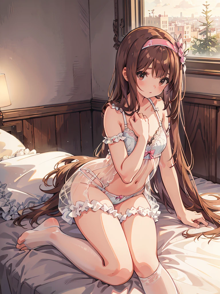 beautiful illustrations, highest quality, pretty girl, 1girl, Bedroom, pastel colour, (two-separated lingerie), reddish brown long hair, headband, cute lingerie, bright lighting