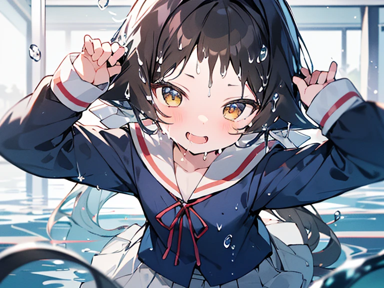 1 girl、mashiromitsumine, mashiro mitsumine, (brown eyes:1.5), brown hair, ponytail, (flat chest:1.2), break grey skirt, long sleeve, neck red ribbon, red ribbon, ribbon, sailor collar, skirt, white sailor collar, (blue shirt:1.5), smile、open your mouth、break looking at viewer, break indoors, school pool, (large amount of water)、underwater photography、Low - Angle、Wet、(skirtが水面に広がります:1.9)、(Completely flooded)、The whole body is immersed in water、swim、break (masterpiece:1.2), highest quality, High resolution, unity 8k wallpaper, (figure:0.8), (detailed and beautiful eyes:1.6), highly detailed face, perfect lighting, Very detailed CG、(Panmoro)、(skirt全開)、ロングワイドskirt、cute、(white panties)、blush、Watery eye、spring、Drooling pulls a thread、