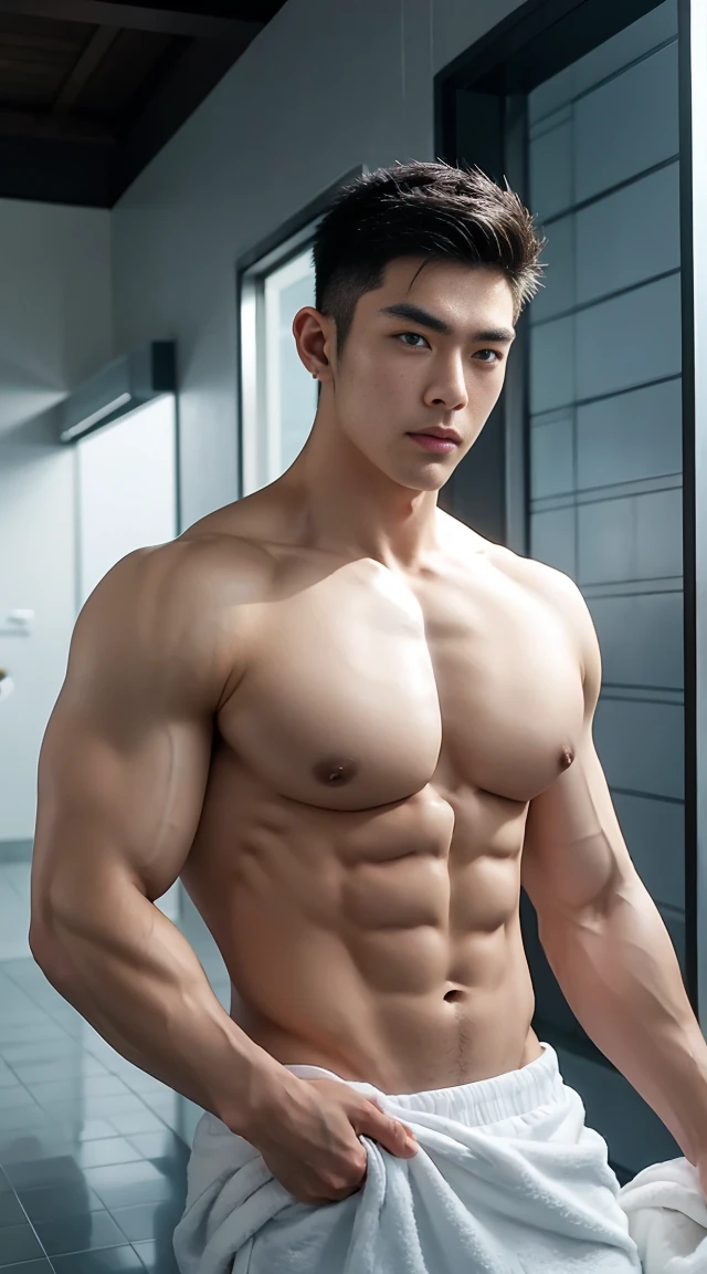 asian male model, big muscles, Full chest muscles,Sexy and charming expression,blue eyes,Handsome, cool, Hair combed smoothly, piercing ears,naked,Wear sexy tongs,Big bag highlights, image, modeling, dynamic poses, Tsinghua University male student bathhouse, bath,Perfect hand details