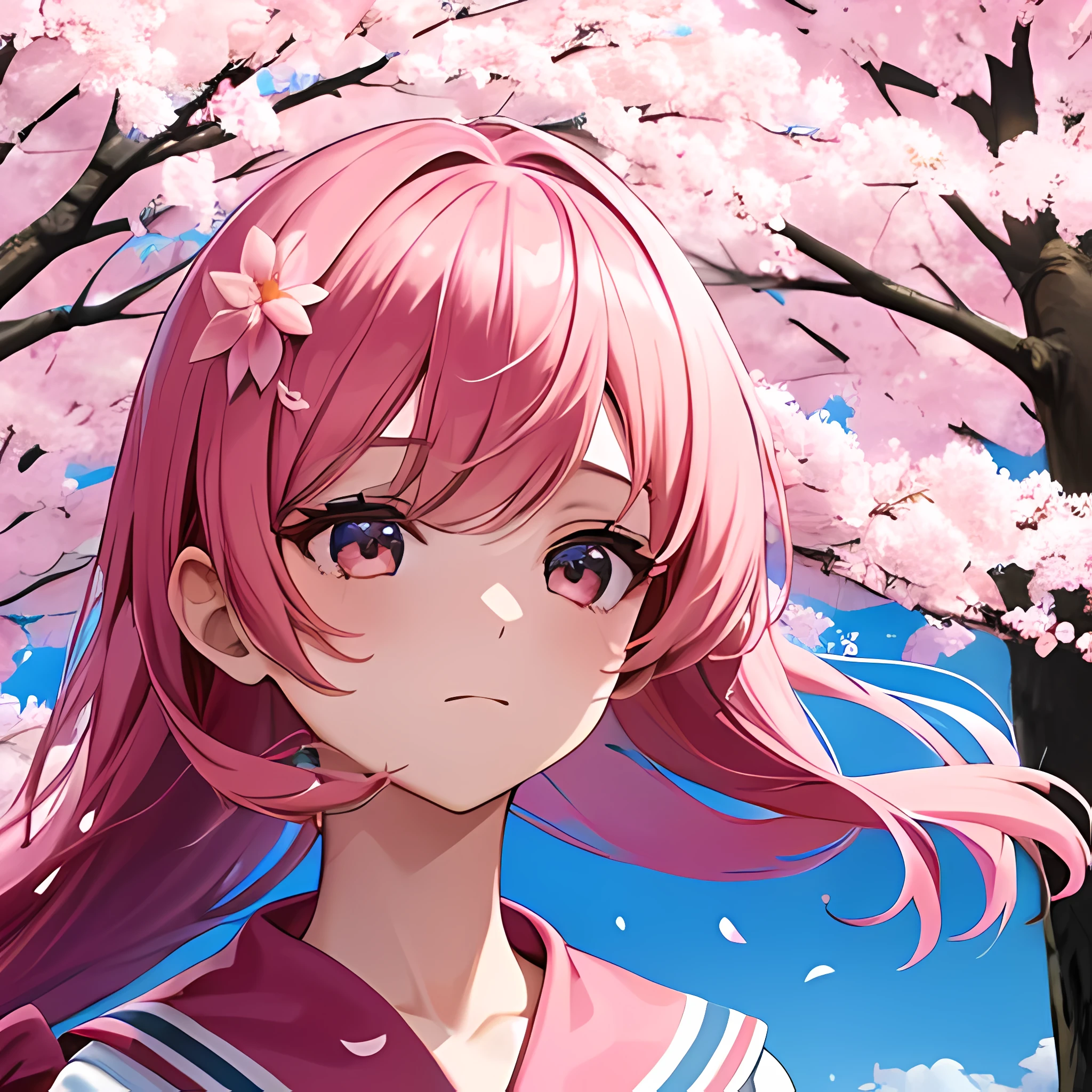 1girl, solo, hair between eyes, closed mouth, standing, flower, outdoors, sky, cloud, tree, petals, floating hair, cherry blossoms, pink flower, (sailor suit), (((face focus))), (((looking at another)))