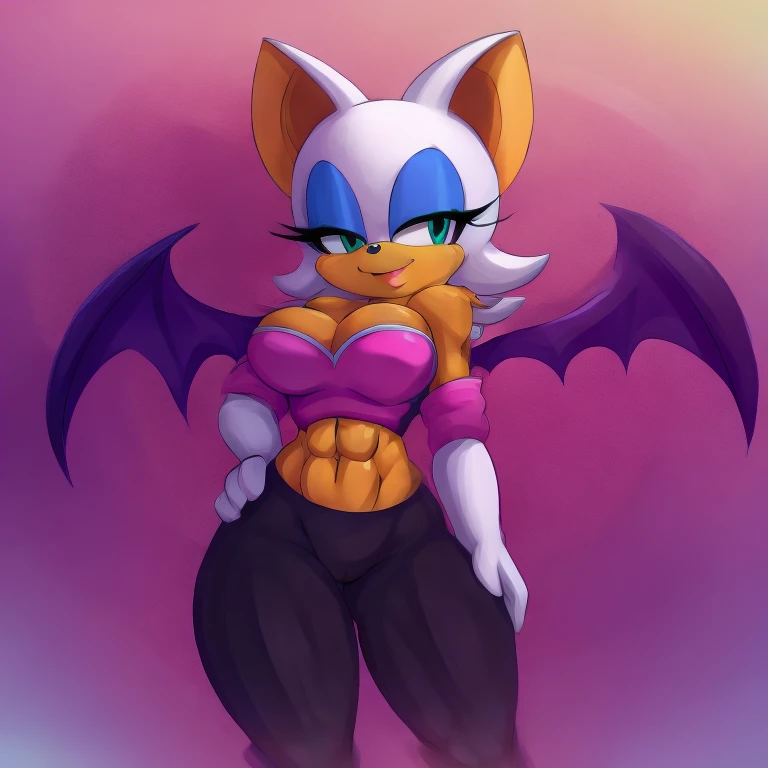 a digital artwork of Rouge the bat with abs wearing a crop top of her original outfit with a bare midriff and a bare navel , digital art, ((perfect face)), ((best quality)), ((masterpiece)), she has a tan midriff