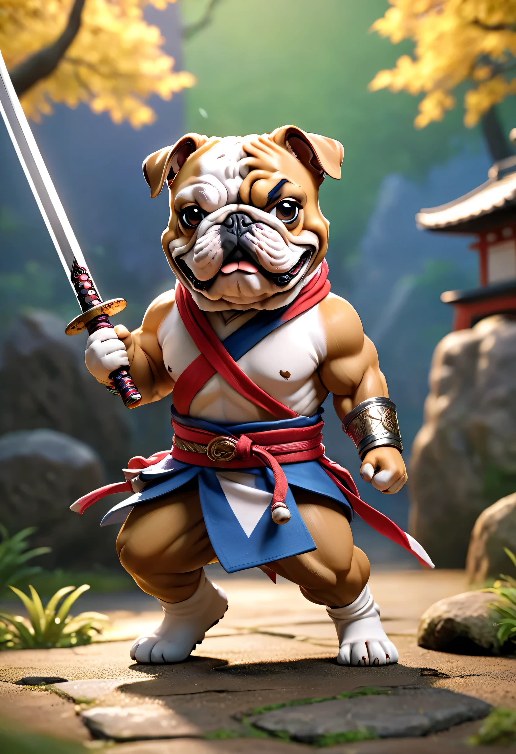 Full body Esbian、Cool Bulldog、Pop Bulldog、Diorama、simple background、bandana、Holding a Japanese sword in hand、best quality, Capture super cute moments, Depth of the bounds written, Super detailed, Super high resolution, octadale, 8K, 16 km race
