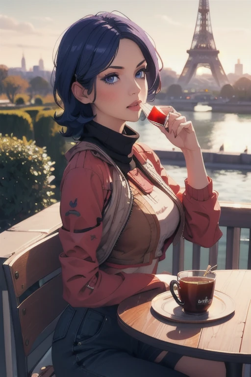 (masterpiece, best quality:1.2),  athenabl, 1girl, solo, breasts, Drinking tea, Eiffel Tower background, Wearing a red turtleneck sweater