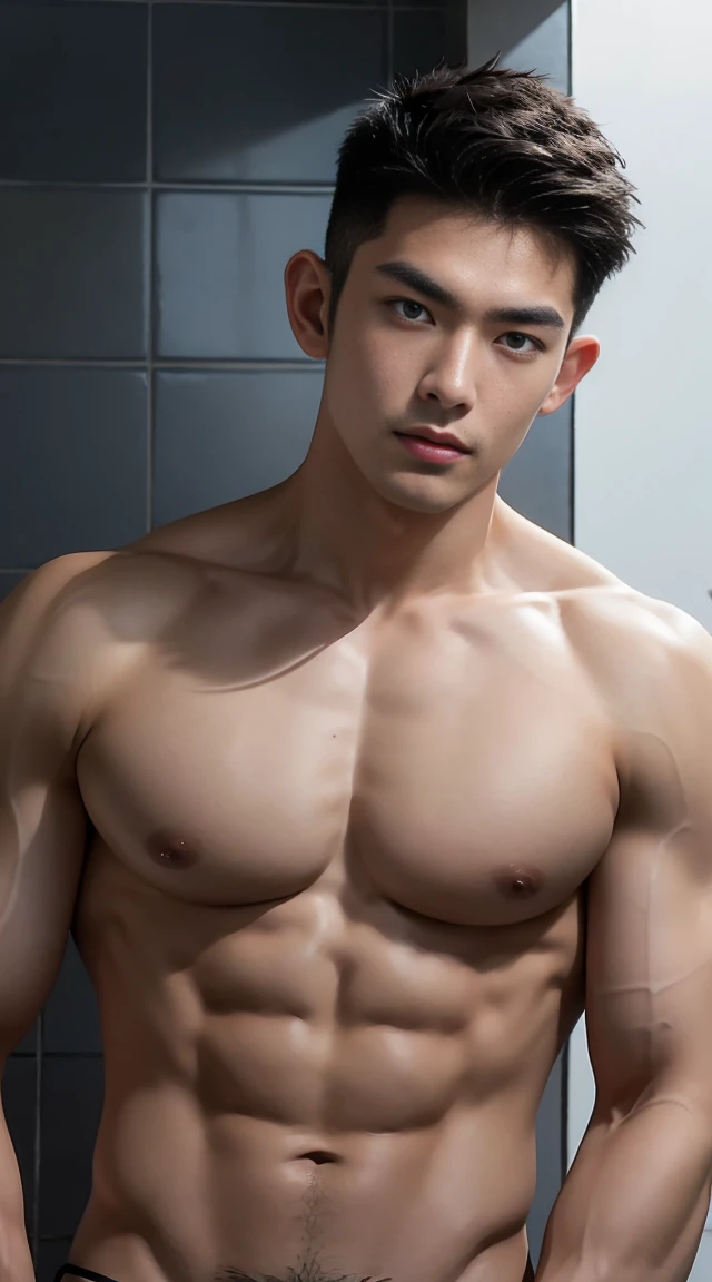 asian male model, big muscles, Full chest muscles，Sexy and charming expression，blue eyes，Handsome, cool, Hair combed smoothly, piercing ears,naked，Wear sexy tongs，Big bag highlights, image, modeling, dynamic poses, Tsinghua University male student bathhouse, bath，Perfect hand details