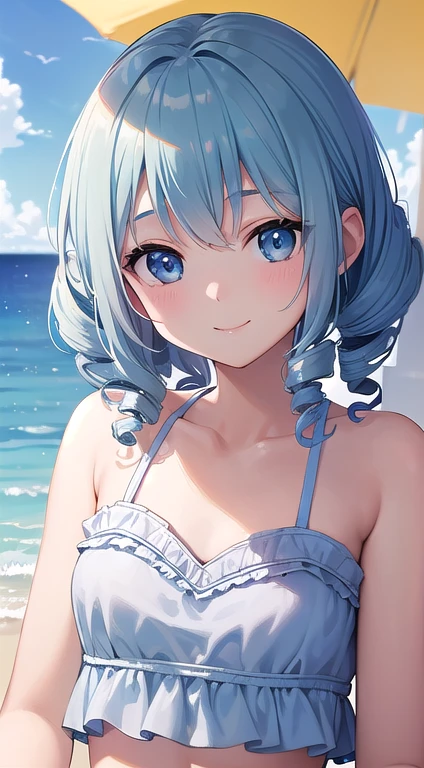 最high quality,very detailed,high quality,Extremely detailed,masterpiece,Super fine,ultra high resolution,超high quality,super delicate face,super realistic,(1 person:1.2)、woman、、light blue hair color、(Cute sky blue eyes)、(short:1.3)、flat chest 、 body shape、(twin drill hair:1.2)、(smile:1.2)、Ocean、swimsuit、bikini、