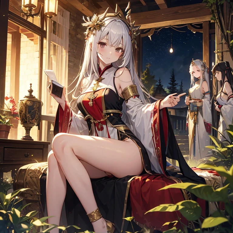 A group of  priestess, (in bedroom), various hair styles, harem, night, details face, seducing, ceremonial outfit, multiple girls, exposed shoulders 