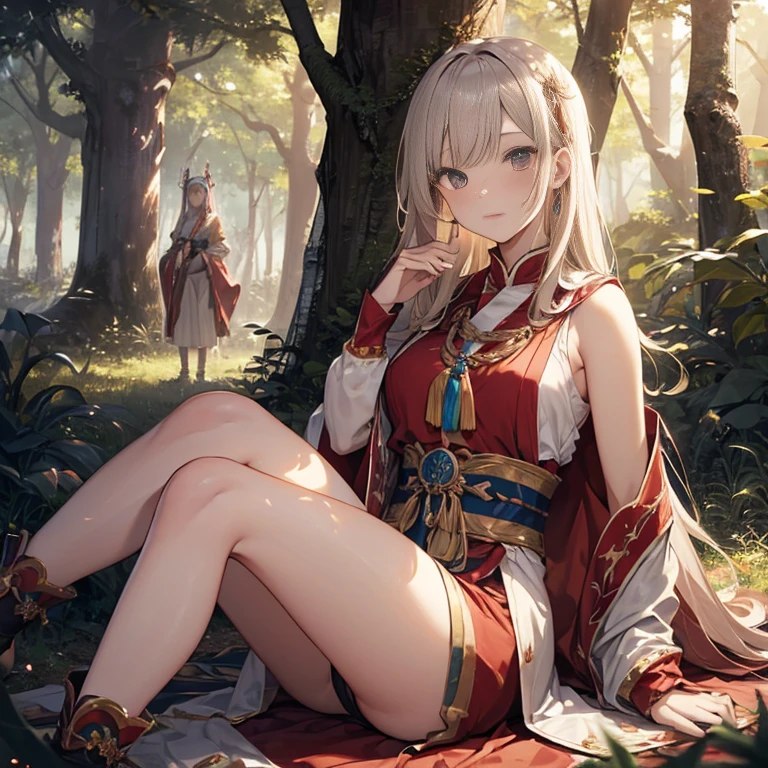 A group of priestess, (in forest), various hair styles, harem, wearing ceremonial clothes, night, details face, beautiful legs, sleeveless, seducing,
