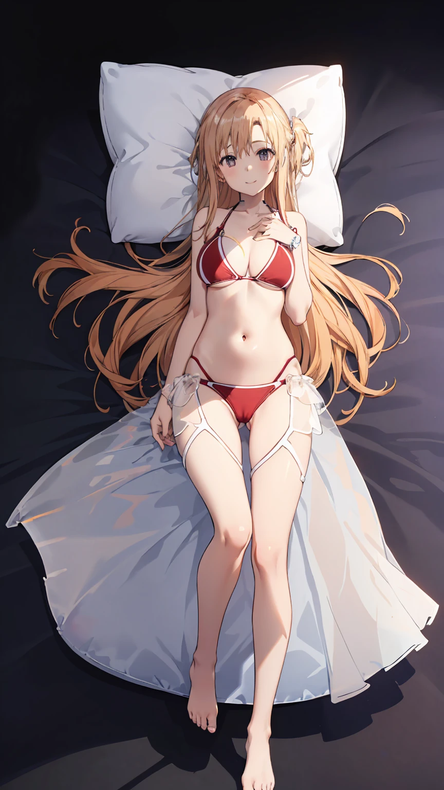 2 girls, the best, masterpiece, HD, (whole body), Symmetrical, alone, (whole body from head to toe), ((moro liberation front)), slingshot bikini, unrealistic, (( camel toe)), ((((translucent bikini)))), ((((translucent)))), ((((transparent)))), (((transparent clothing))), whole body视图, Look toward the camera, ((Life-size pillow)), ((dakimakura)), (Lying in bed),Physically based rendering, beautiful women, Perfect body, Smile, bedroom, Giant breast, barefoot, toe